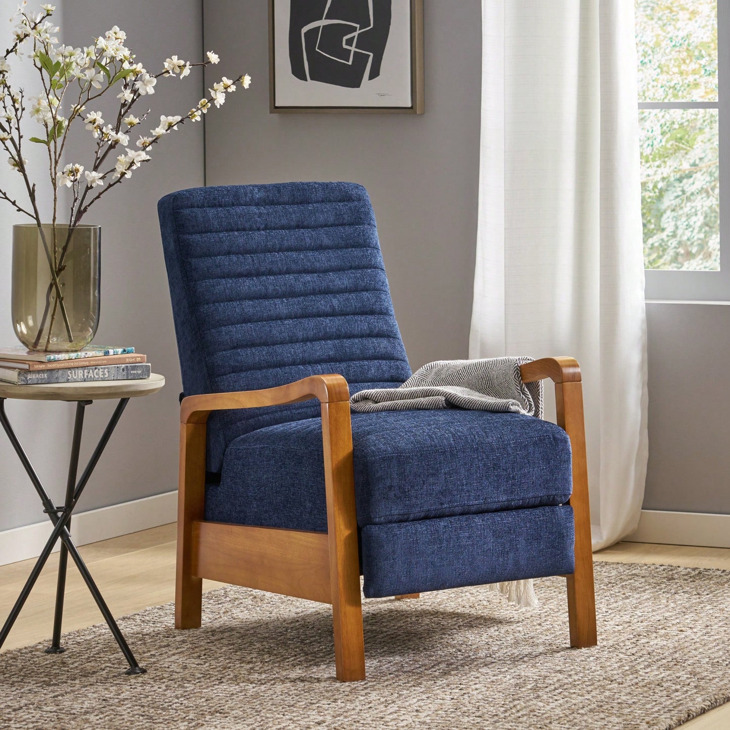 Elegant Fabric Manual Recliner With Wooden Accents For Ultimate Comfort