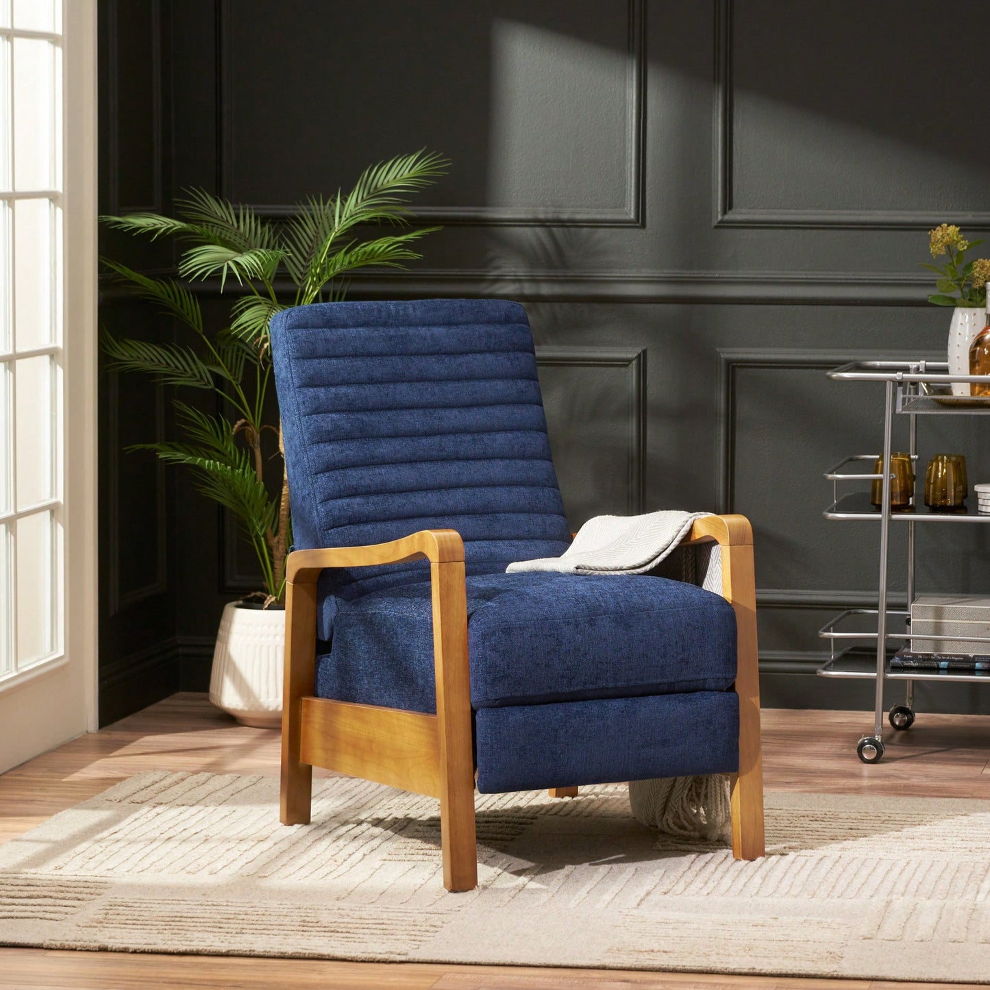 Elegant Fabric Manual Recliner With Wooden Accents For Ultimate Comfort