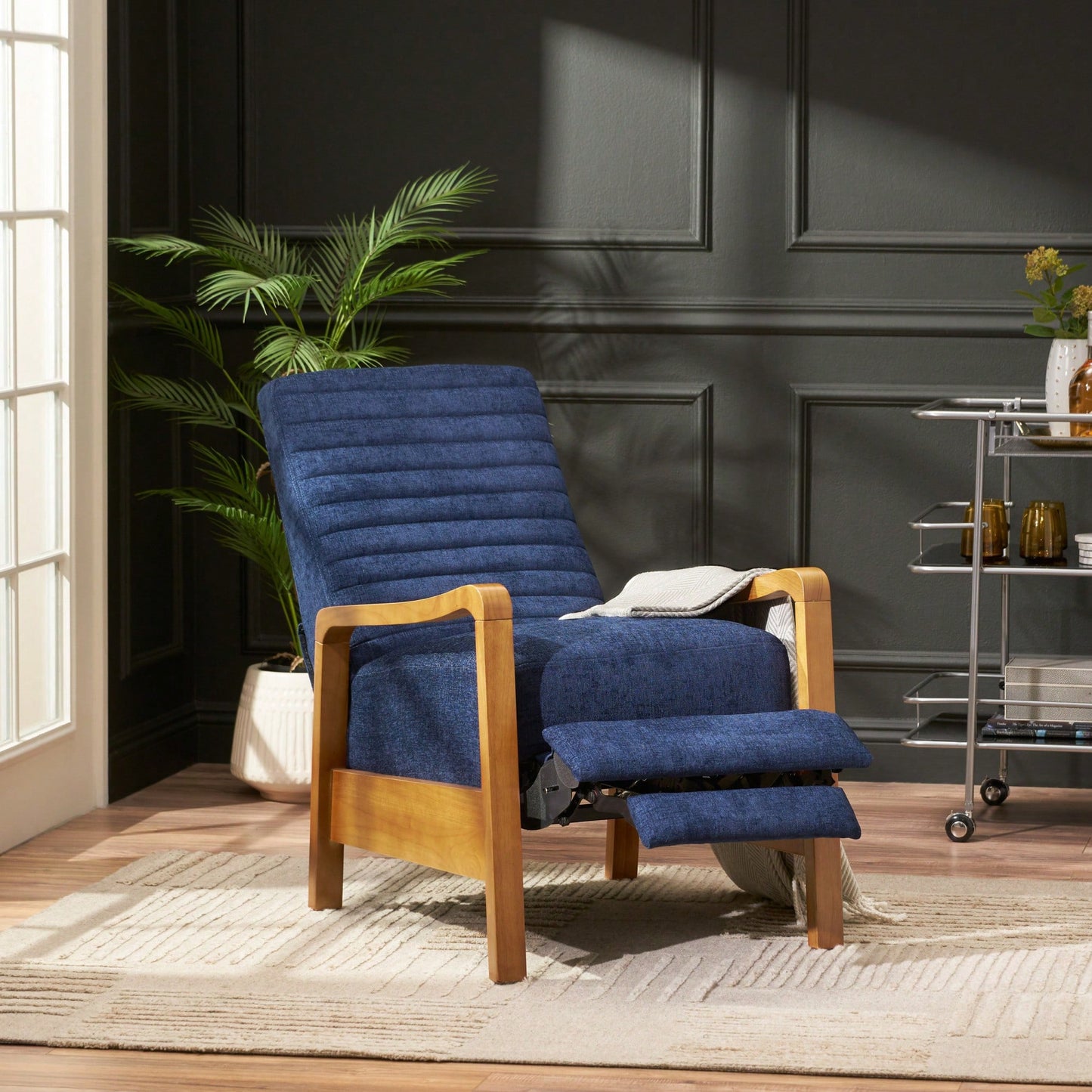 Elegant Fabric Manual Recliner With Wooden Accents For Ultimate Comfort