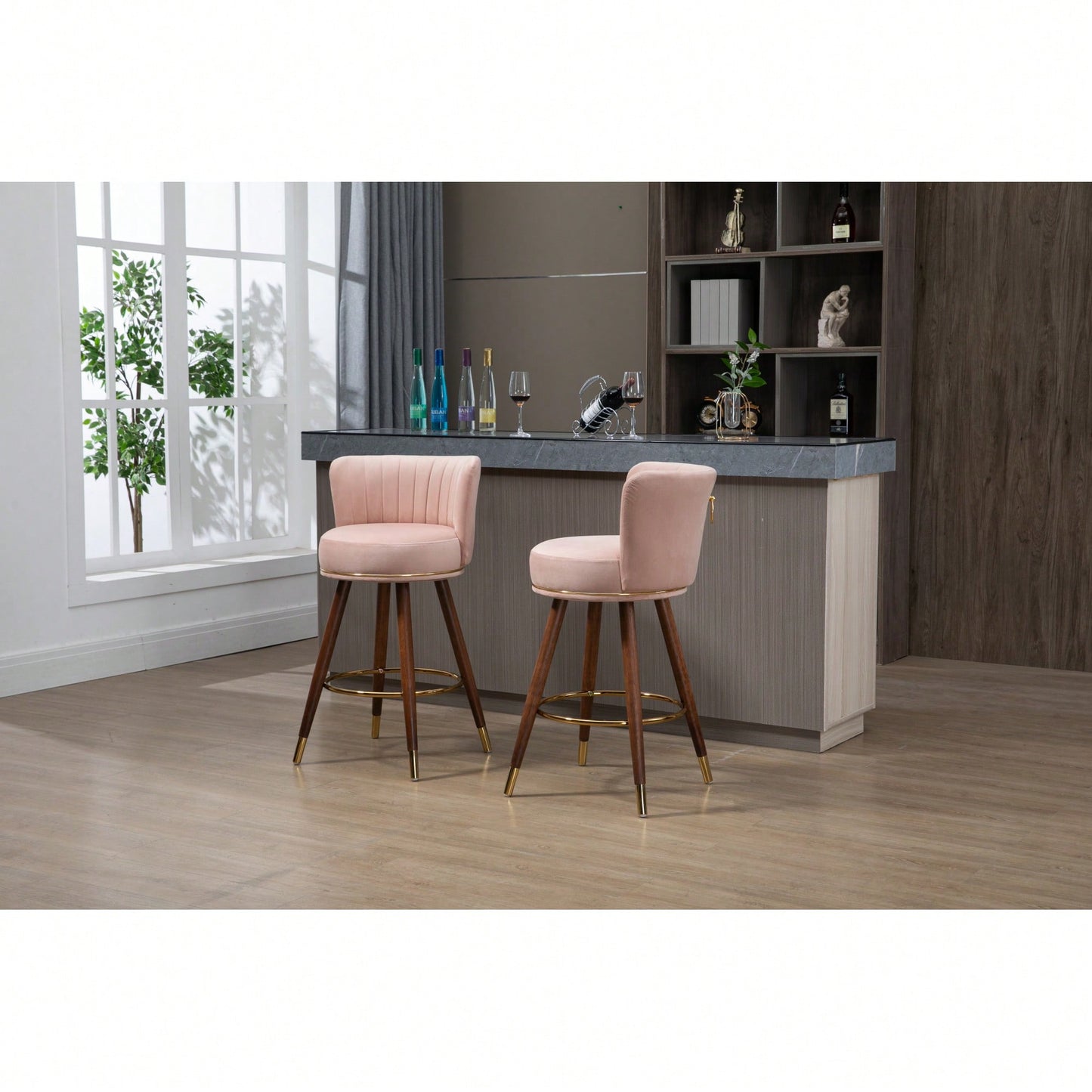 Set Of 2 Solid Wood Counter Height Bar Stools With 360 Degree Swivel For Kitchen And Dining