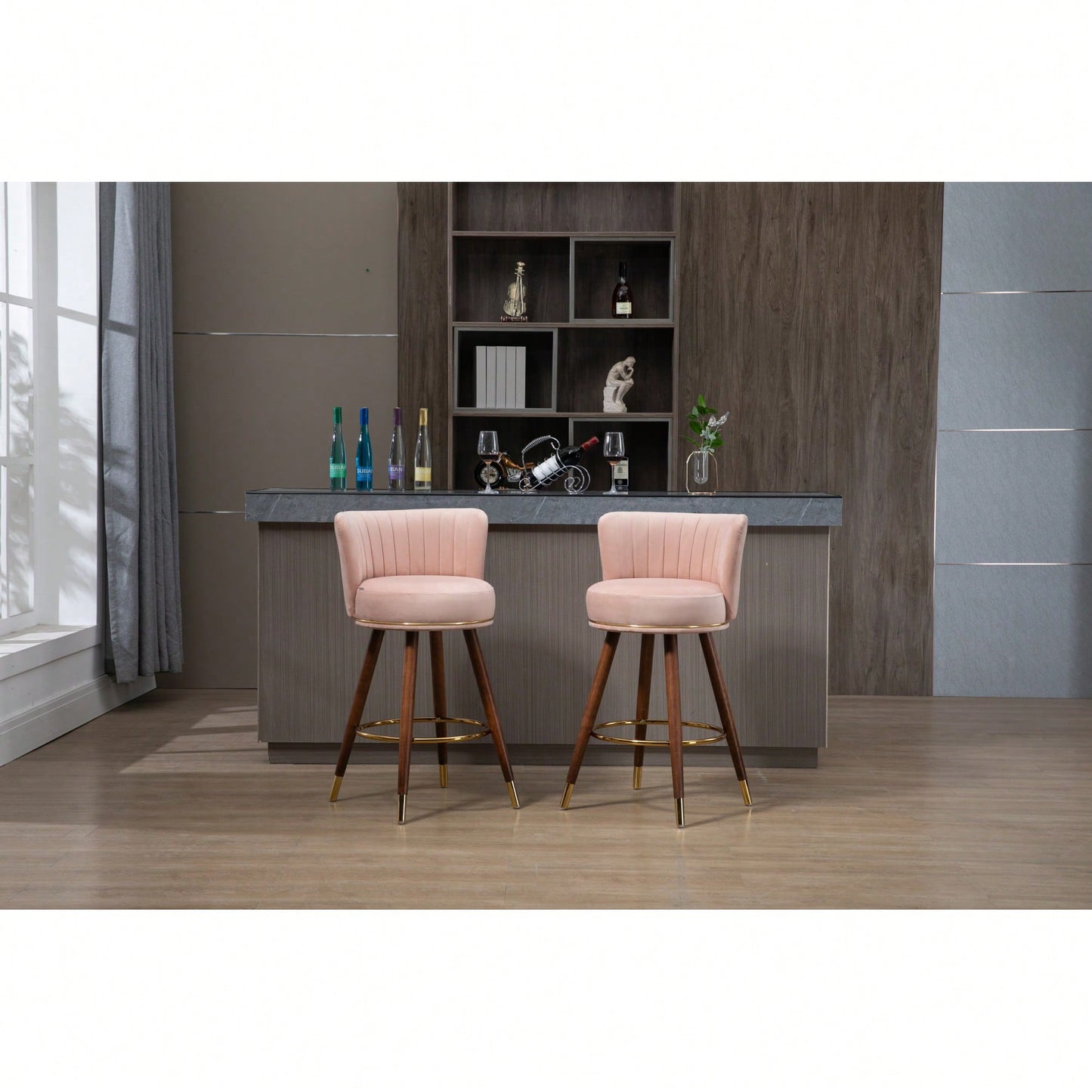 Set Of 2 Solid Wood Counter Height Bar Stools With 360 Degree Swivel For Kitchen And Dining