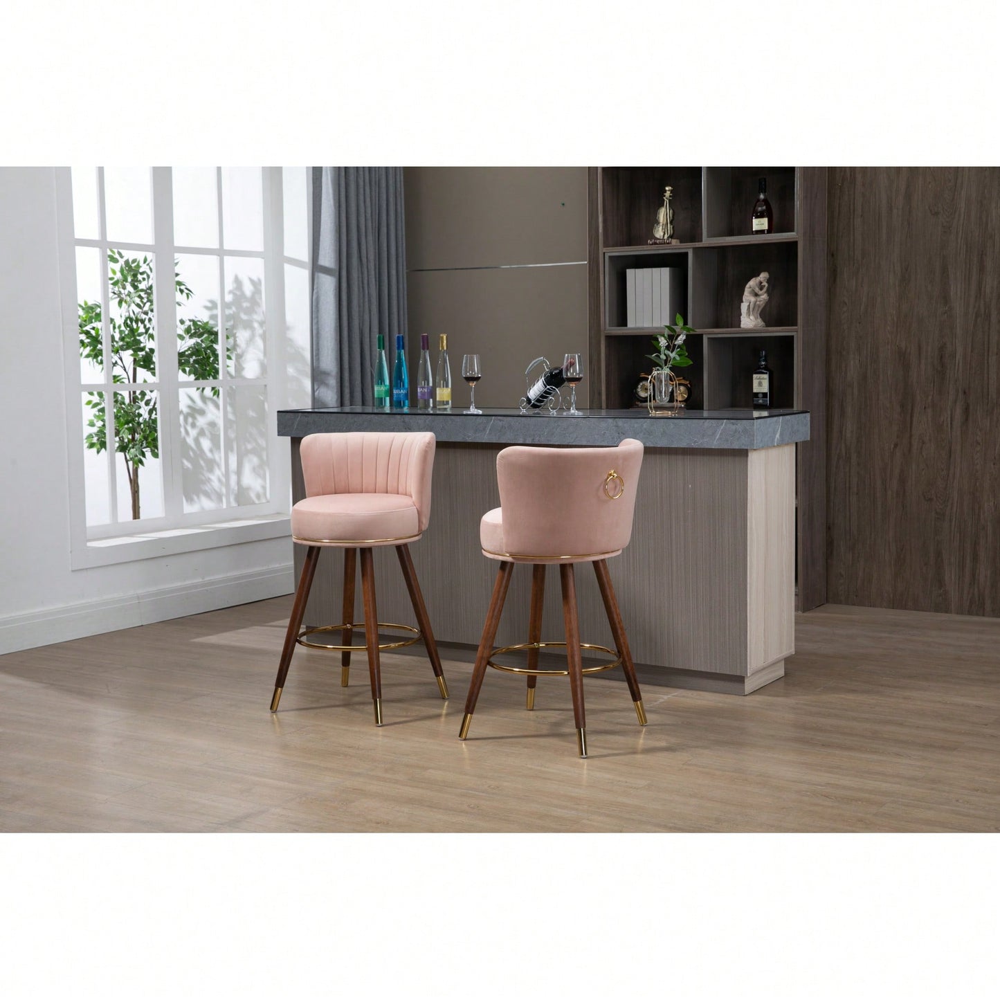 Set Of 2 Solid Wood Counter Height Bar Stools With 360 Degree Swivel For Kitchen And Dining