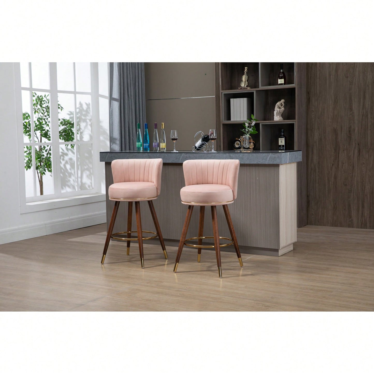 Set Of 2 Solid Wood Counter Height Bar Stools With 360 Degree Swivel For Kitchen And Dining