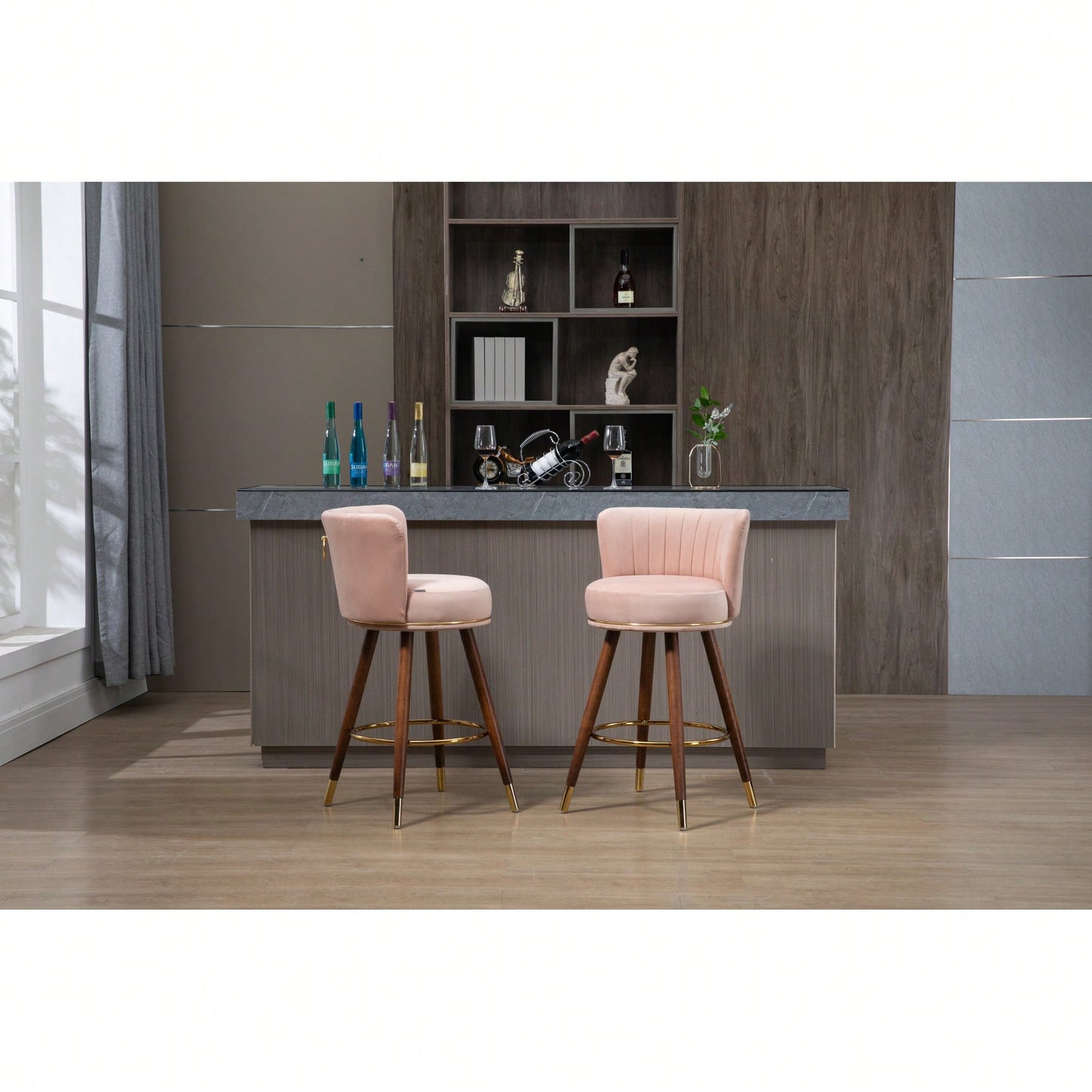 Set Of 2 Solid Wood Counter Height Bar Stools With 360 Degree Swivel For Kitchen And Dining