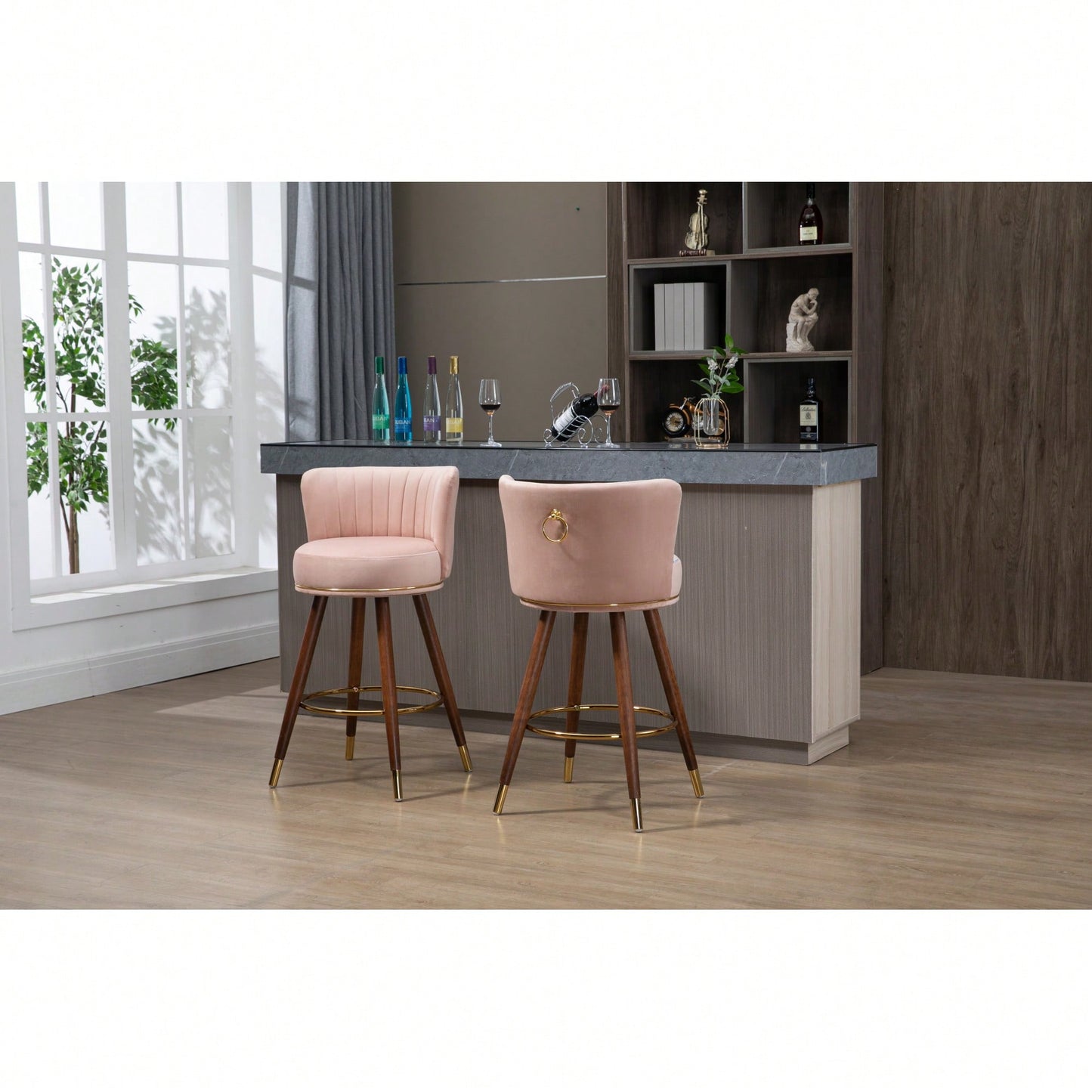 Set Of 2 Solid Wood Counter Height Bar Stools With 360 Degree Swivel For Kitchen And Dining