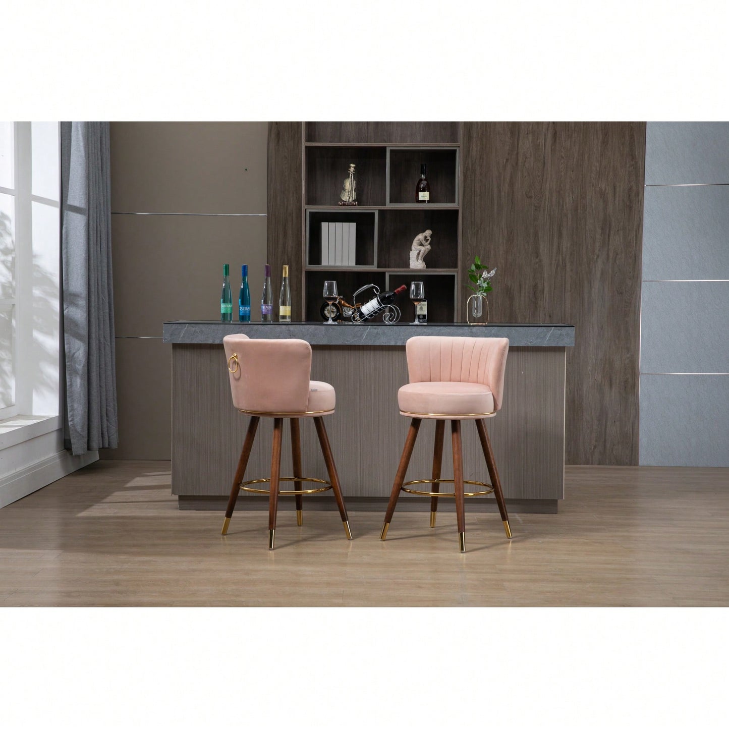 Set Of 2 Solid Wood Counter Height Bar Stools With 360 Degree Swivel For Kitchen And Dining