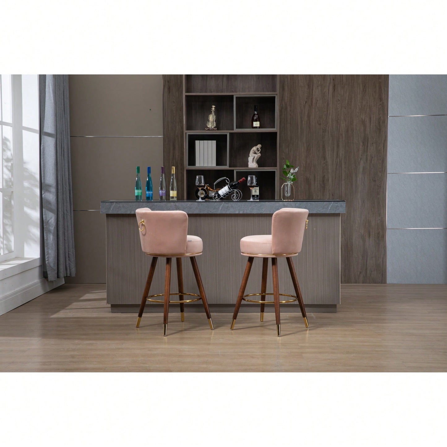 Set Of 2 Solid Wood Counter Height Bar Stools With 360 Degree Swivel For Kitchen And Dining