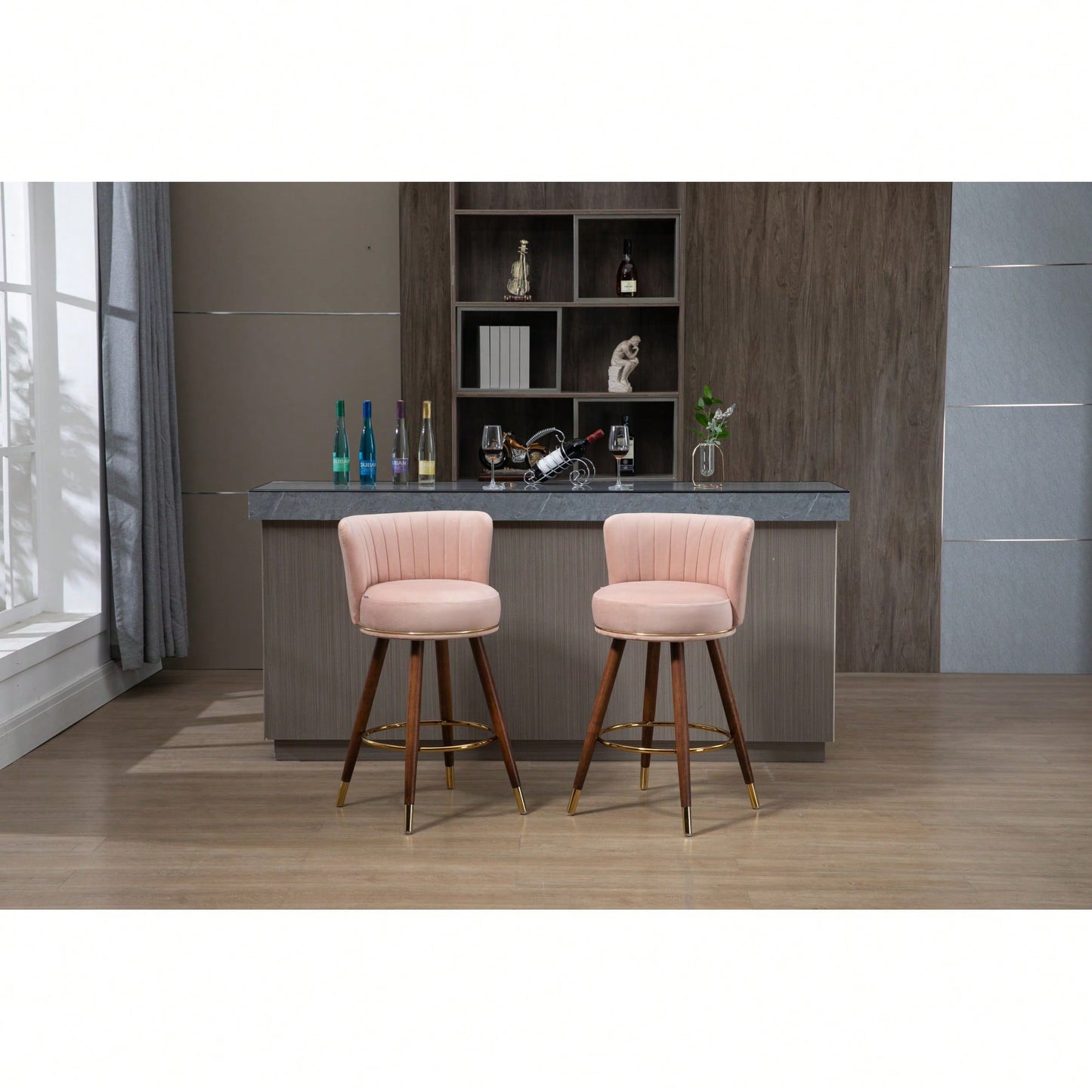 Set Of 2 Solid Wood Counter Height Bar Stools With 360 Degree Swivel For Kitchen And Dining