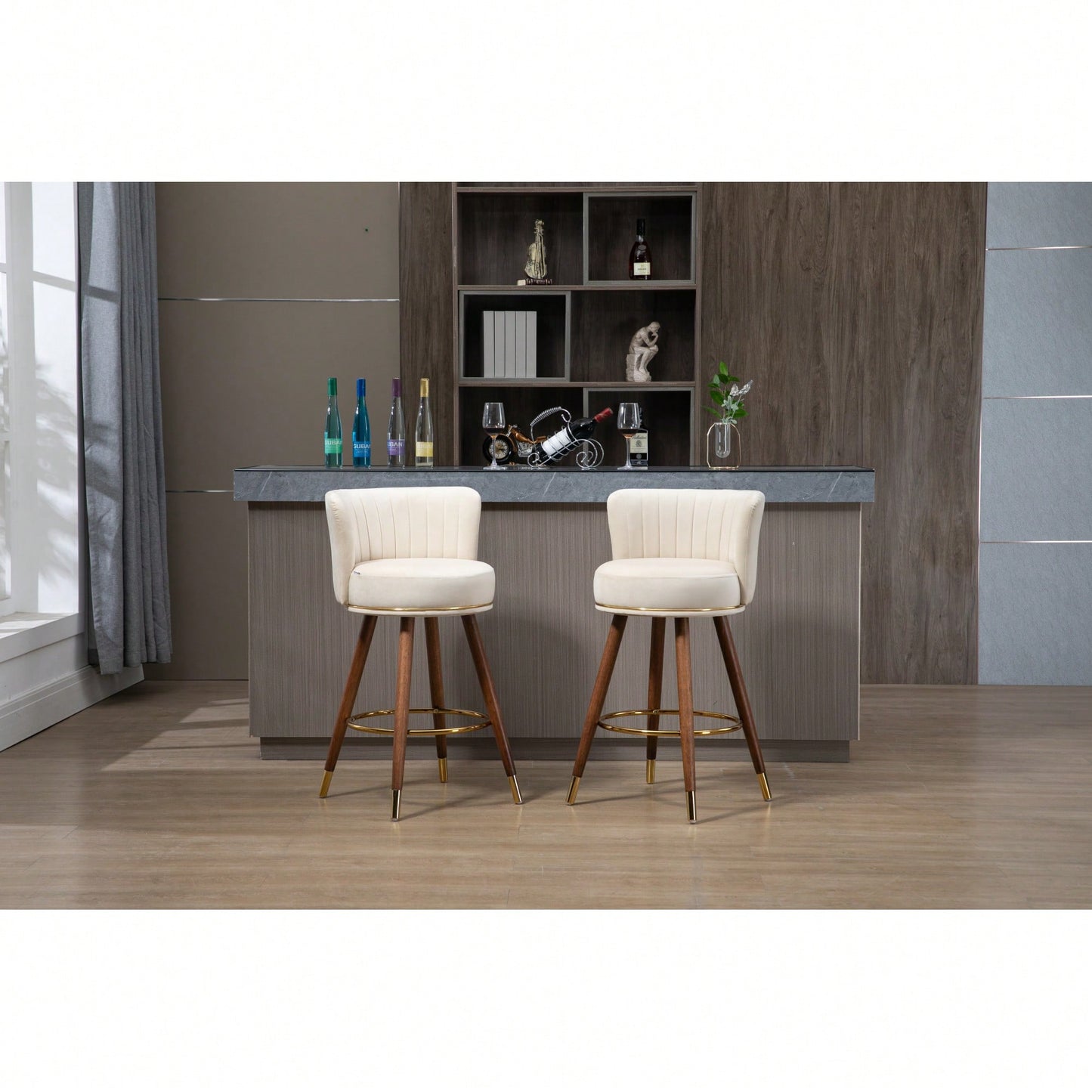 Set Of 2 Solid Wood Counter Height Bar Stools With 360 Degree Swivel For Kitchen And Dining
