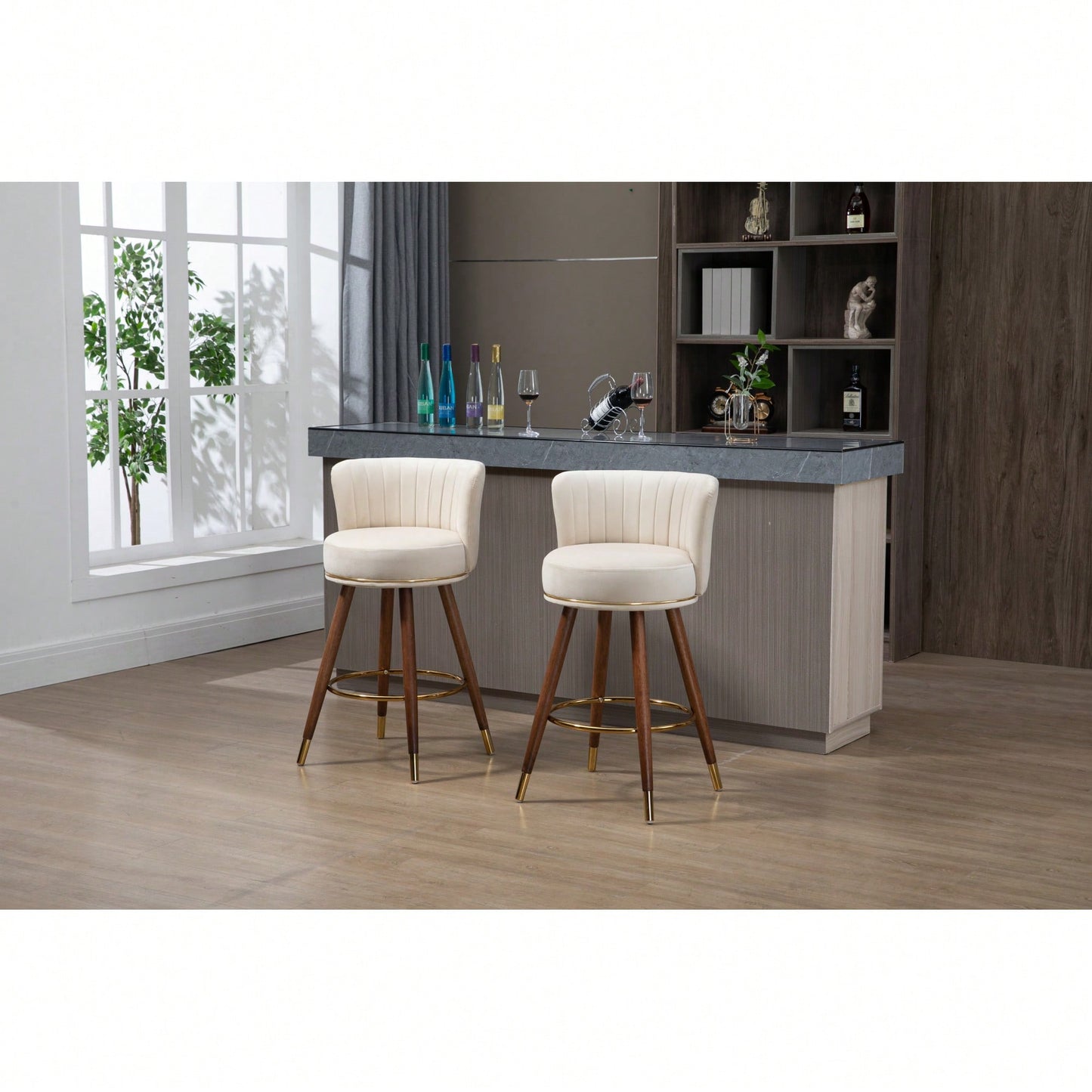 Set Of 2 Solid Wood Counter Height Bar Stools With 360 Degree Swivel For Kitchen And Dining