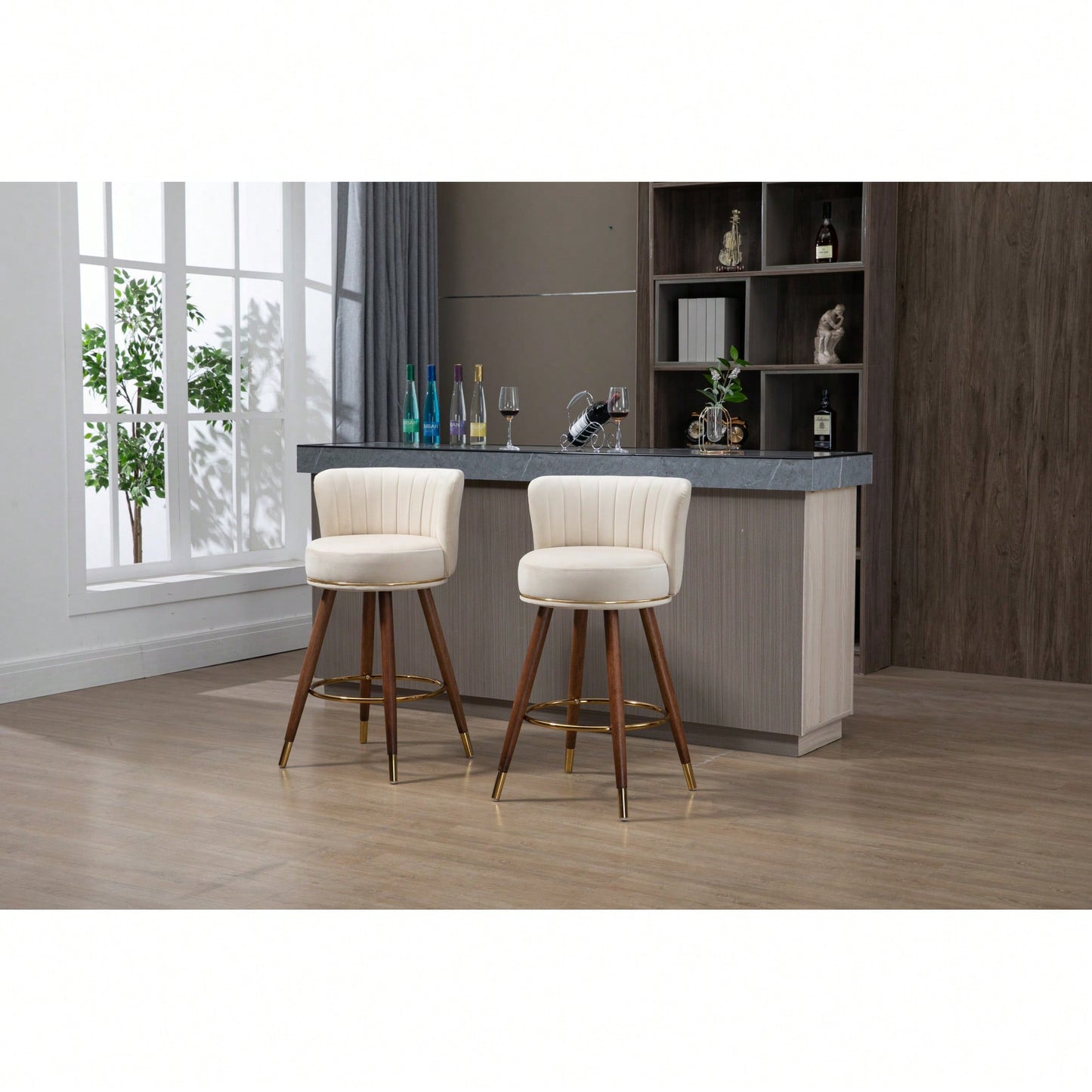 Set Of 2 Solid Wood Counter Height Bar Stools With 360 Degree Swivel For Kitchen And Dining