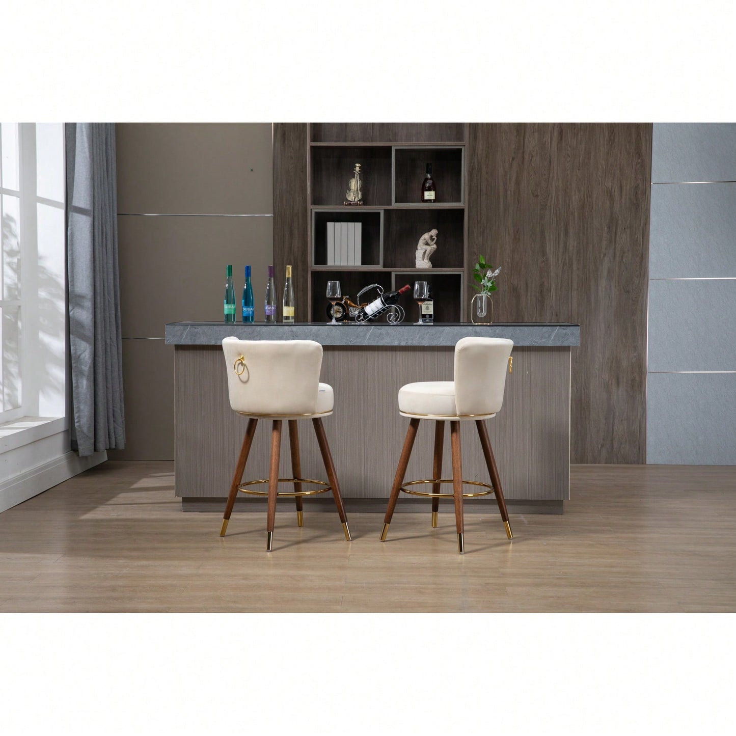 Set Of 2 Solid Wood Counter Height Bar Stools With 360 Degree Swivel For Kitchen And Dining