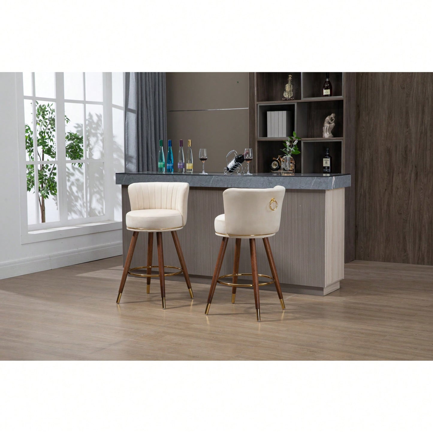 Set Of 2 Solid Wood Counter Height Bar Stools With 360 Degree Swivel For Kitchen And Dining