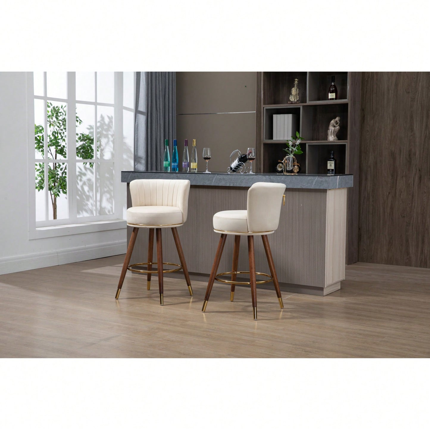 Set Of 2 Solid Wood Counter Height Bar Stools With 360 Degree Swivel For Kitchen And Dining