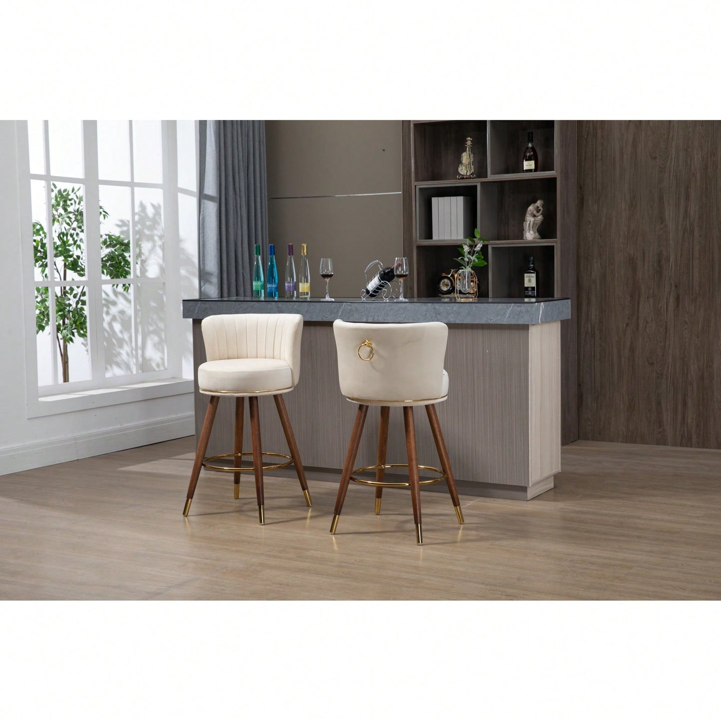 Set Of 2 Solid Wood Counter Height Bar Stools With 360 Degree Swivel For Kitchen And Dining