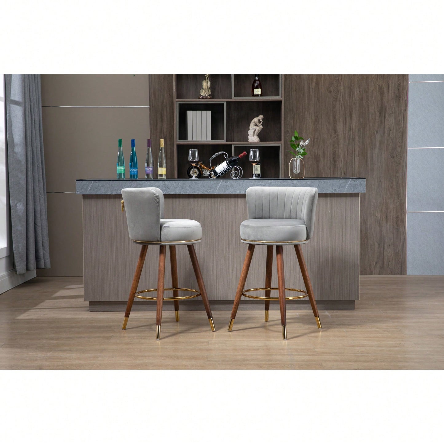 Set Of 2 Solid Wood Counter Height Bar Stools With 360 Degree Swivel For Kitchen And Dining
