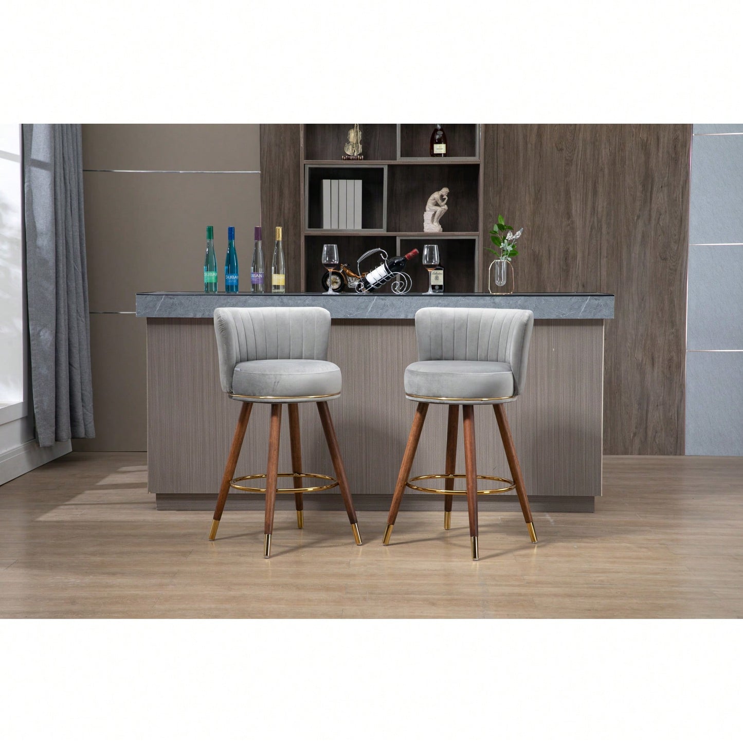 Set Of 2 Solid Wood Counter Height Bar Stools With 360 Degree Swivel For Kitchen And Dining