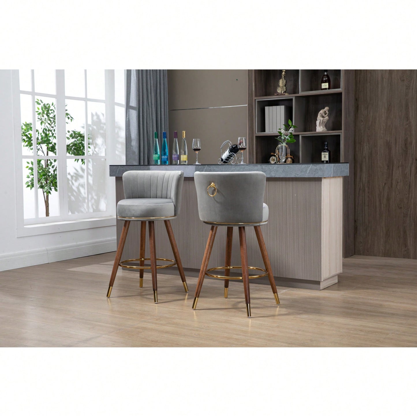 Set Of 2 Solid Wood Counter Height Bar Stools With 360 Degree Swivel For Kitchen And Dining