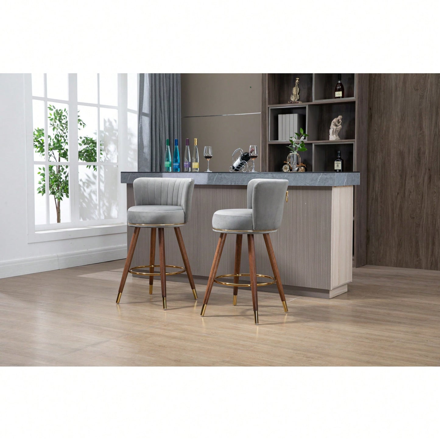 Set Of 2 Solid Wood Counter Height Bar Stools With 360 Degree Swivel For Kitchen And Dining