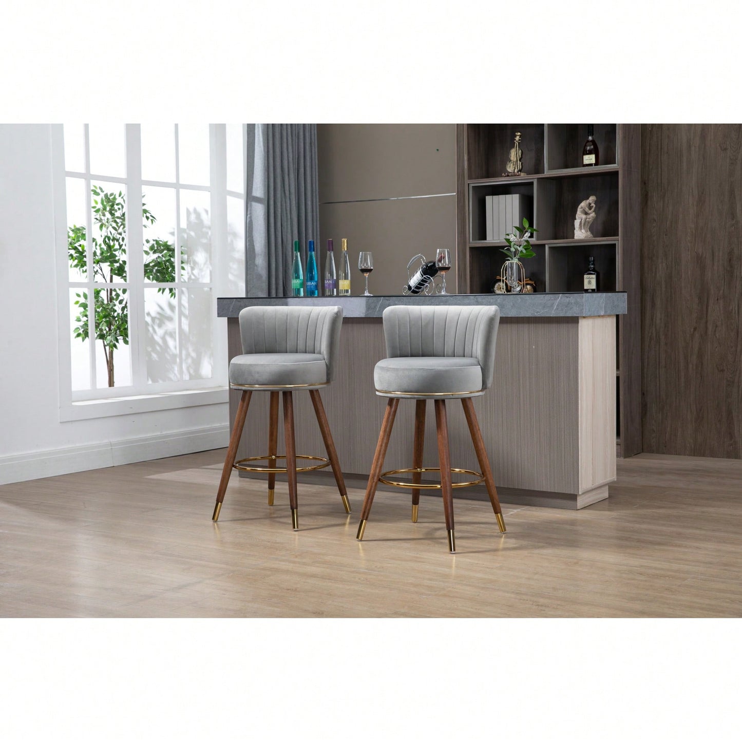 Set Of 2 Solid Wood Counter Height Bar Stools With 360 Degree Swivel For Kitchen And Dining