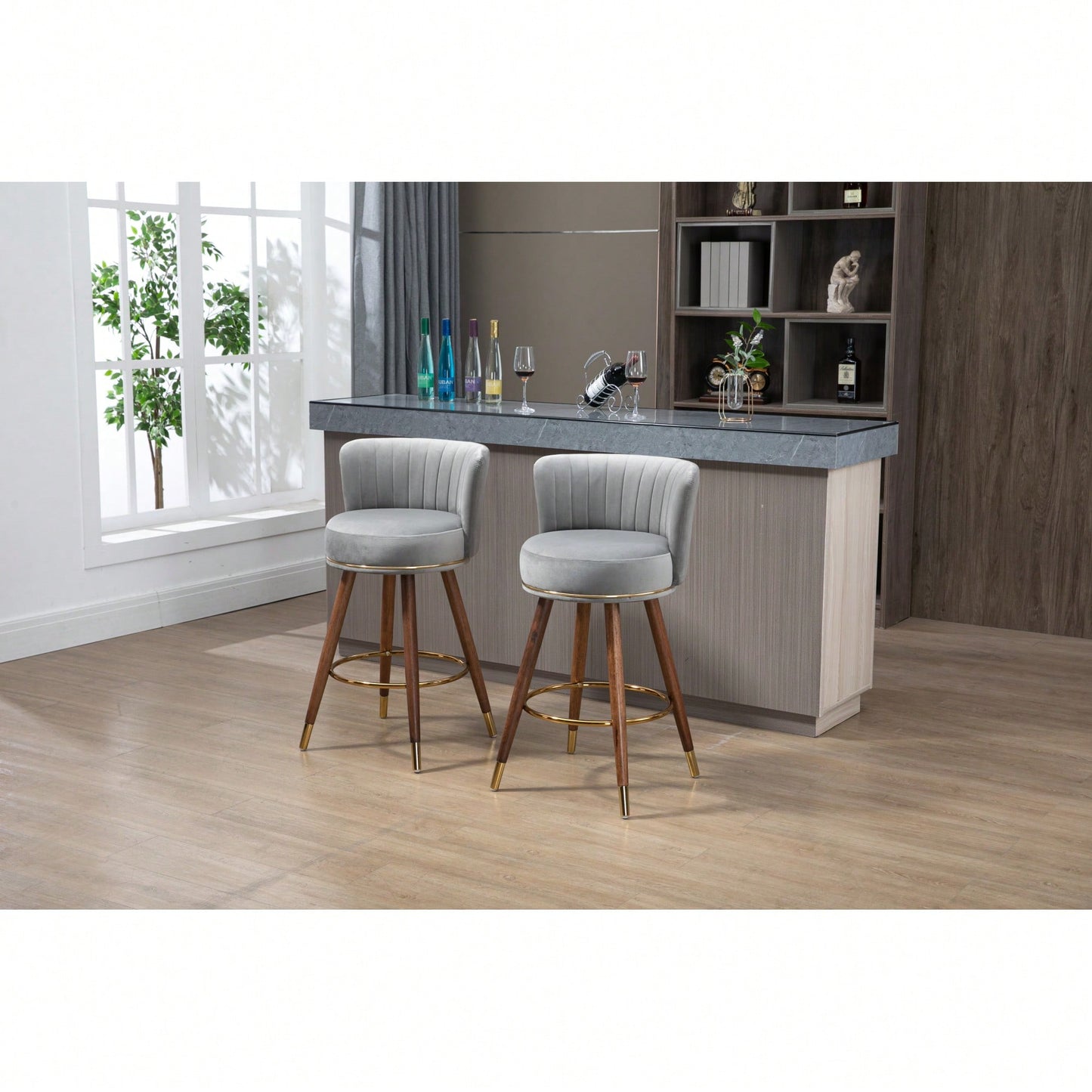Set Of 2 Solid Wood Counter Height Bar Stools With 360 Degree Swivel For Kitchen And Dining