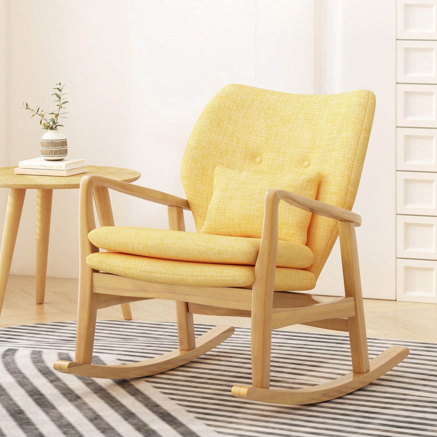Stylish Solid Wood Rocking Chair With Comfortable Yellow Linen Cushion