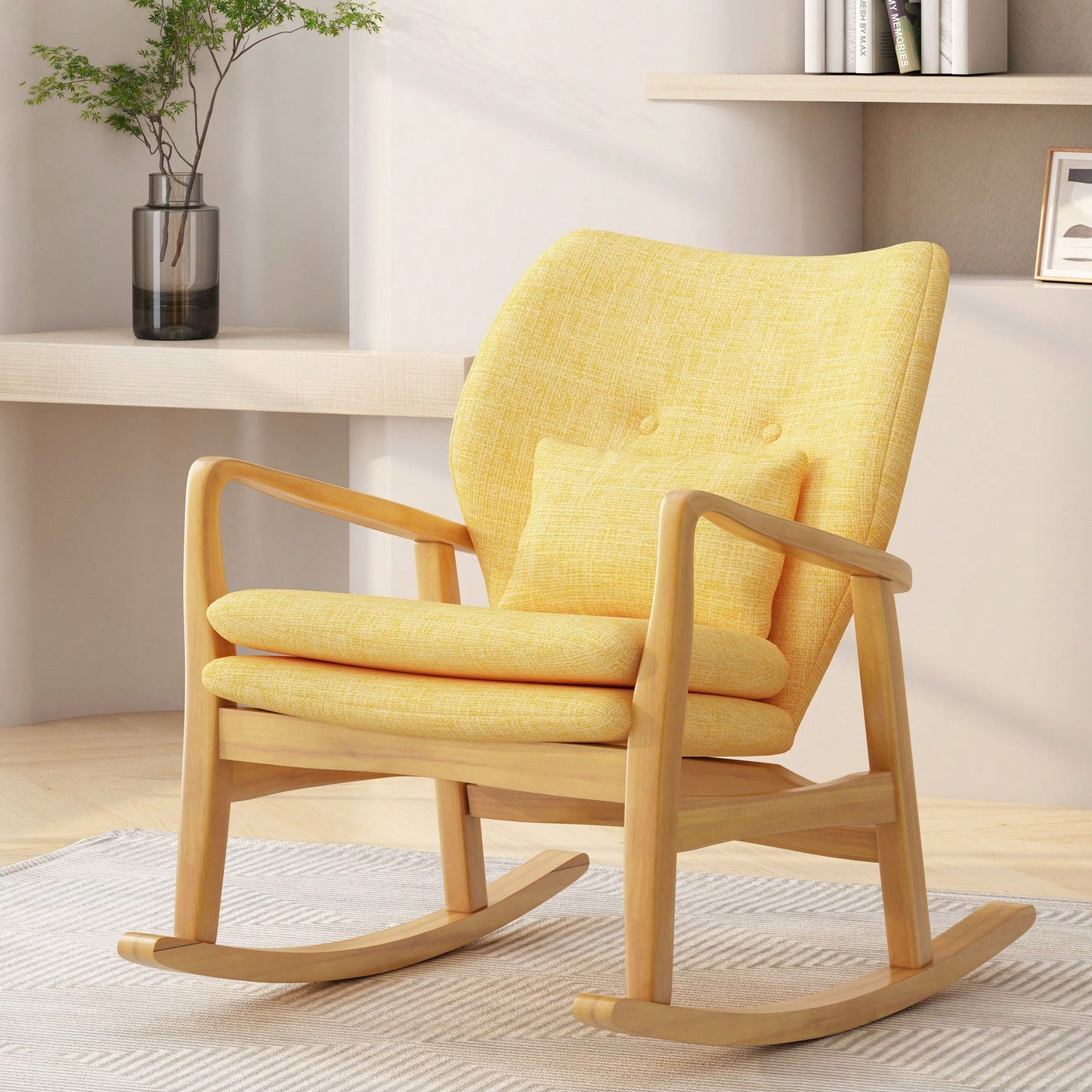Stylish Solid Wood Rocking Chair With Comfortable Yellow Linen Cushion