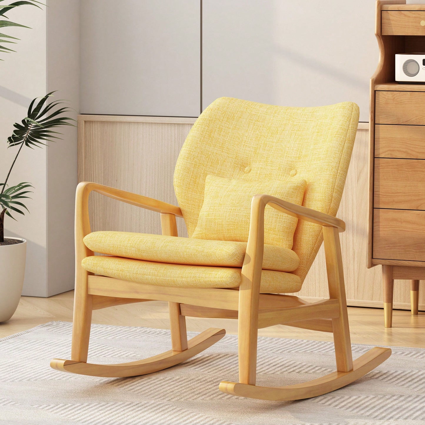 Stylish Solid Wood Rocking Chair With Comfortable Yellow Linen Cushion