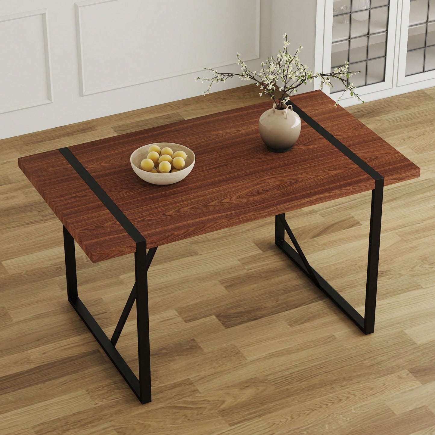 Patterned MDF Dining Table For 4-6 With 1.5 Inch Thick Top And Black Metal Legs Ideal For Kitchens Patios And Dining Rooms Light Grey