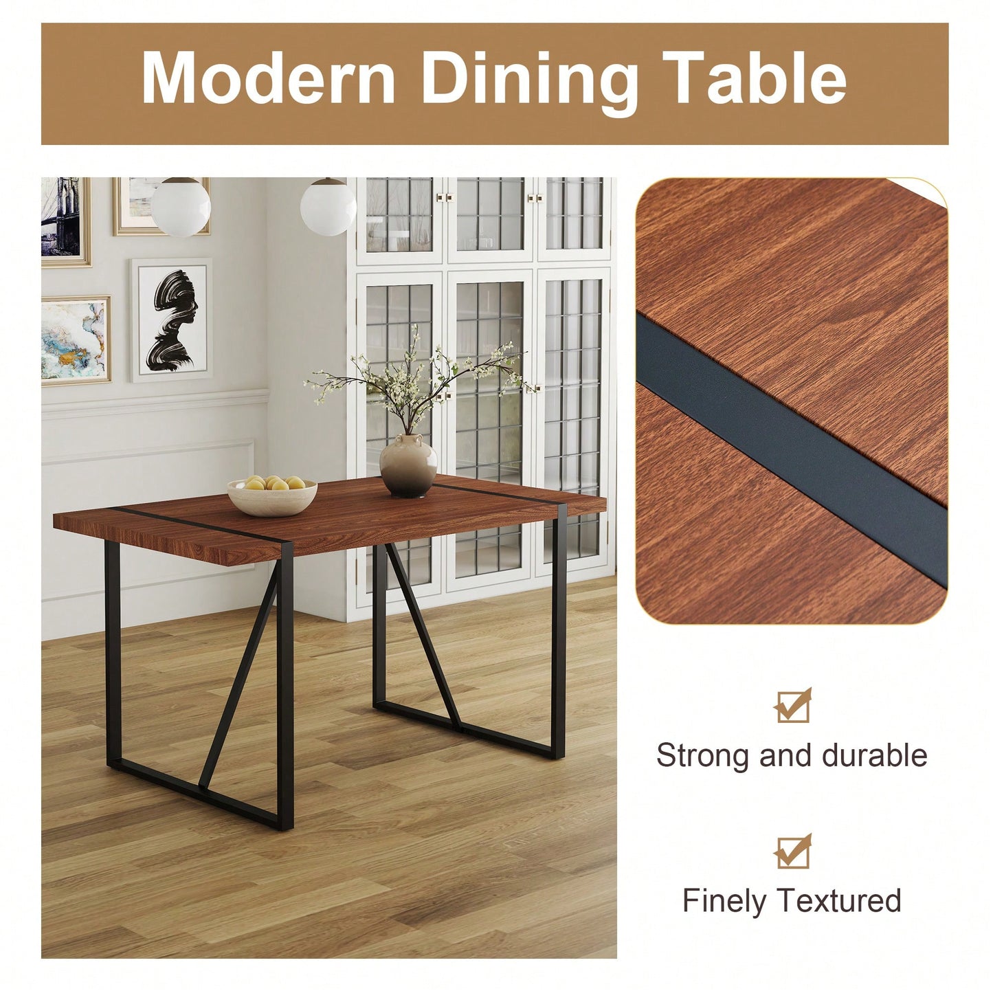 Patterned MDF Dining Table For 4-6 With 1.5 Inch Thick Top And Black Metal Legs Ideal For Kitchens Patios And Dining Rooms Light Grey