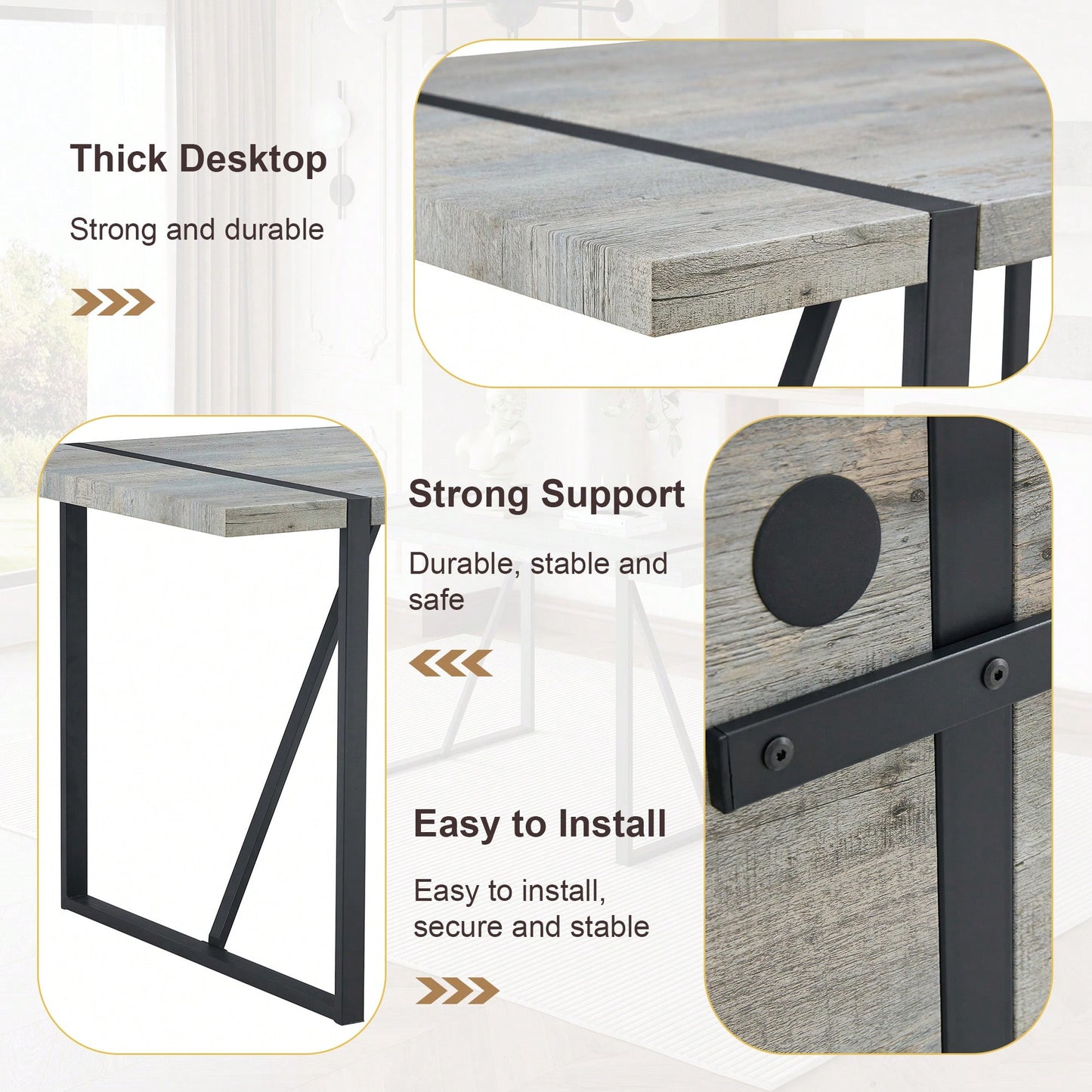 Patterned MDF Dining Table For 4-6 With 1.5 Inch Thick Top And Black Metal Legs Ideal For Kitchens Patios And Dining Rooms Light Grey
