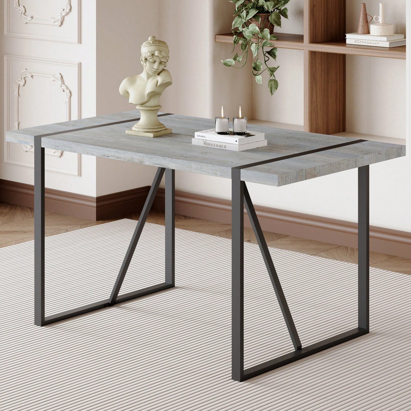 Patterned MDF Dining Table For 4-6 With 1.5 Inch Thick Top And Black Metal Legs Ideal For Kitchens Patios And Dining Rooms Light Grey