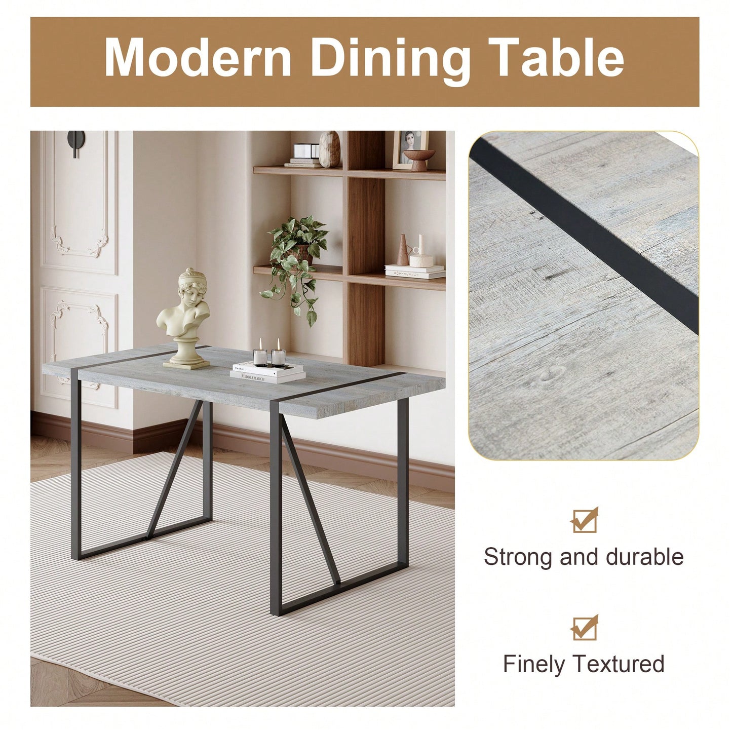 Patterned MDF Dining Table For 4-6 With 1.5 Inch Thick Top And Black Metal Legs Ideal For Kitchens Patios And Dining Rooms Light Grey