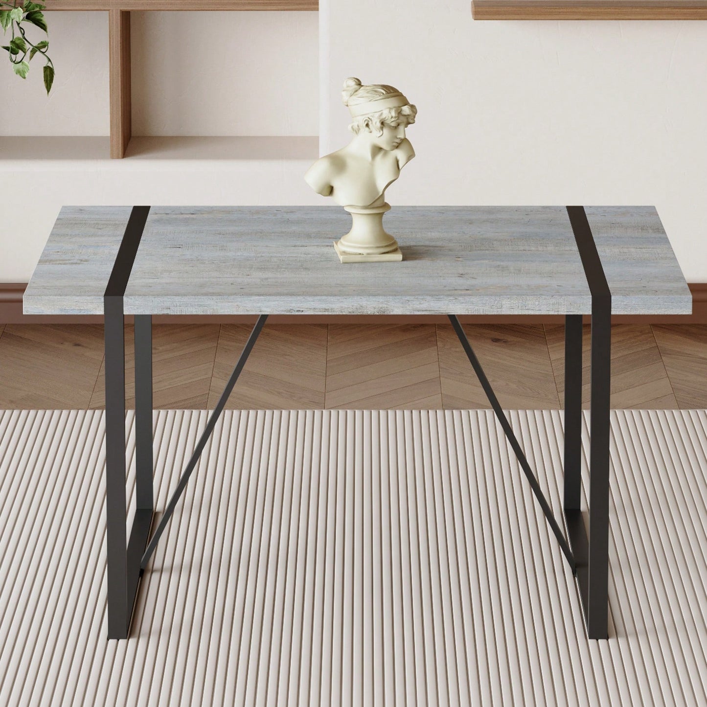 Patterned MDF Dining Table For 4-6 With 1.5 Inch Thick Top And Black Metal Legs Ideal For Kitchens Patios And Dining Rooms Light Grey