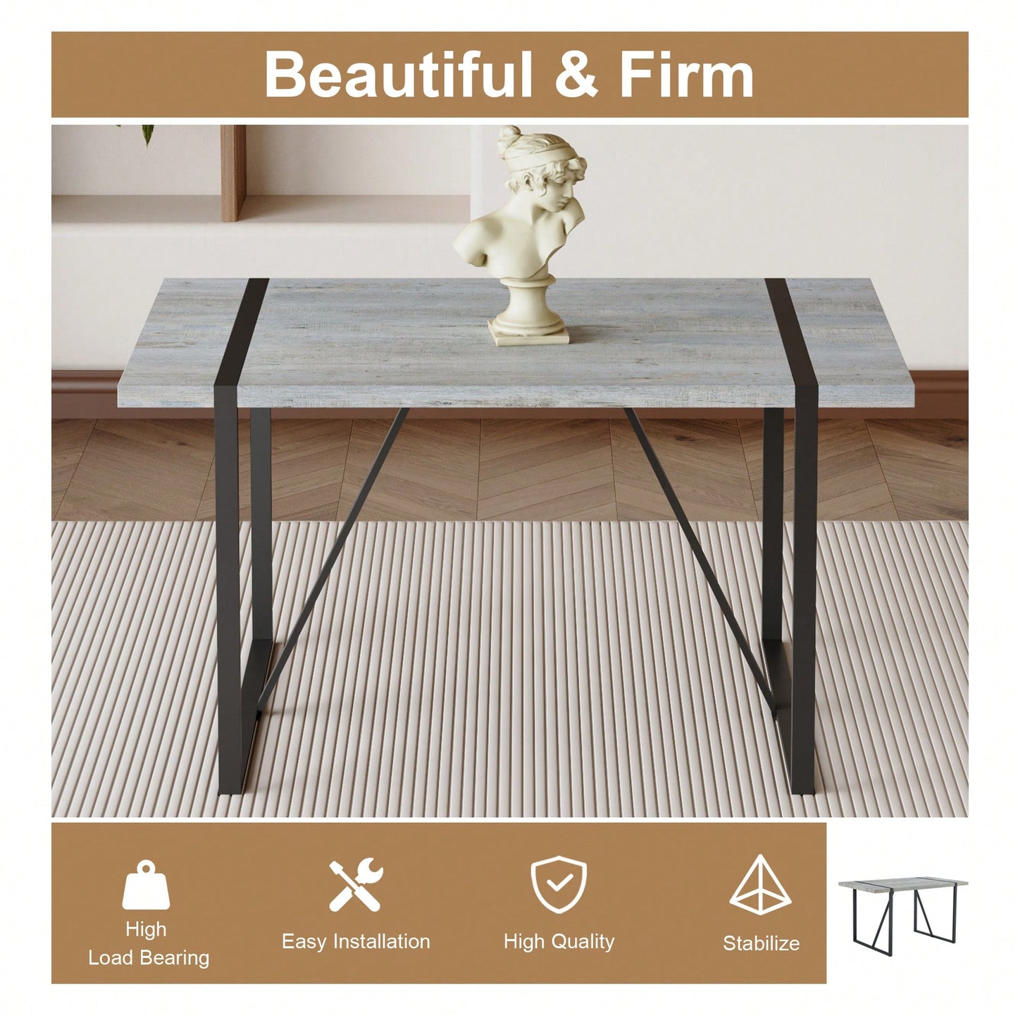 Patterned MDF Dining Table For 4-6 With 1.5 Inch Thick Top And Black Metal Legs Ideal For Kitchens Patios And Dining Rooms Light Grey