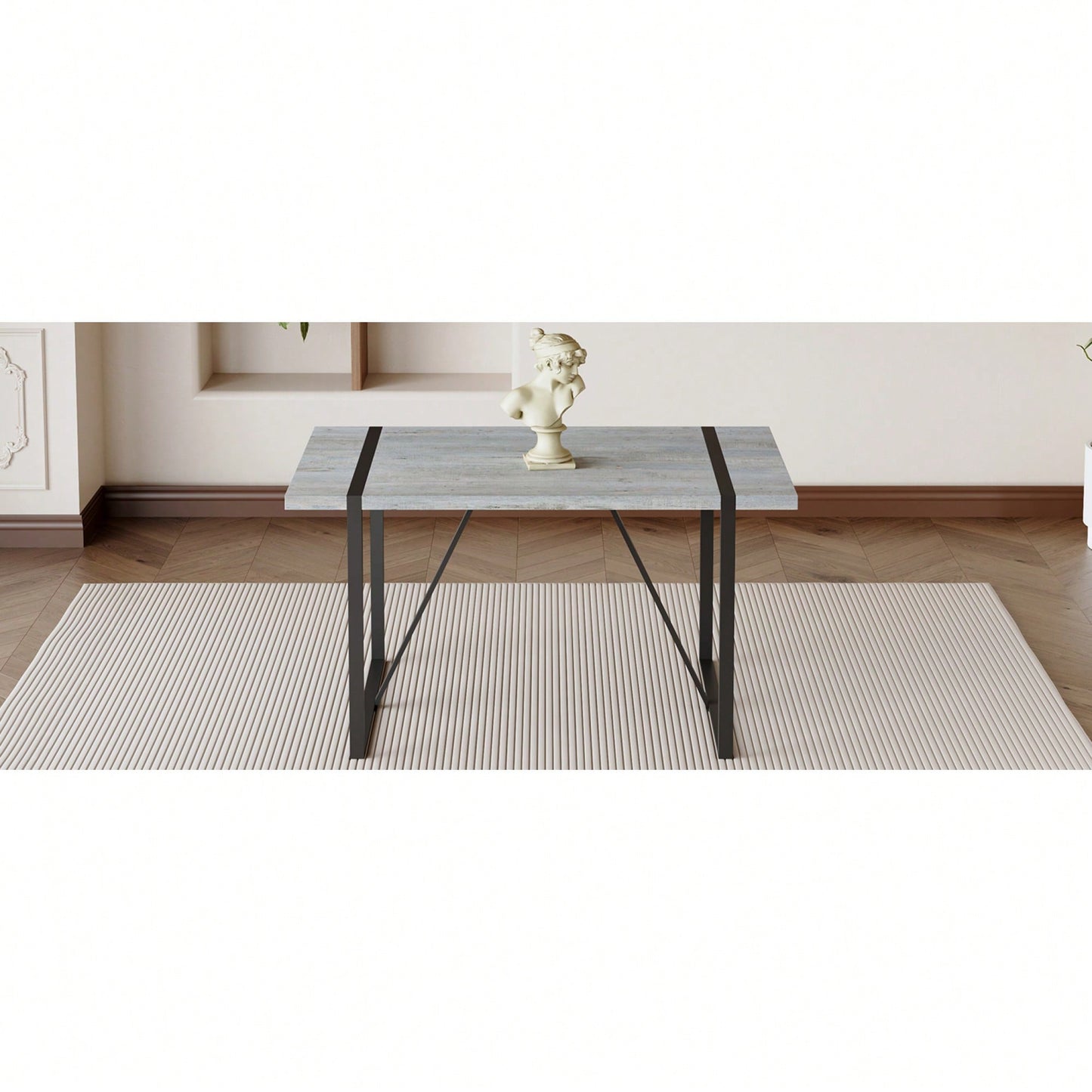 Patterned MDF Dining Table For 4-6 With 1.5 Inch Thick Top And Black Metal Legs Ideal For Kitchens Patios And Dining Rooms Light Grey