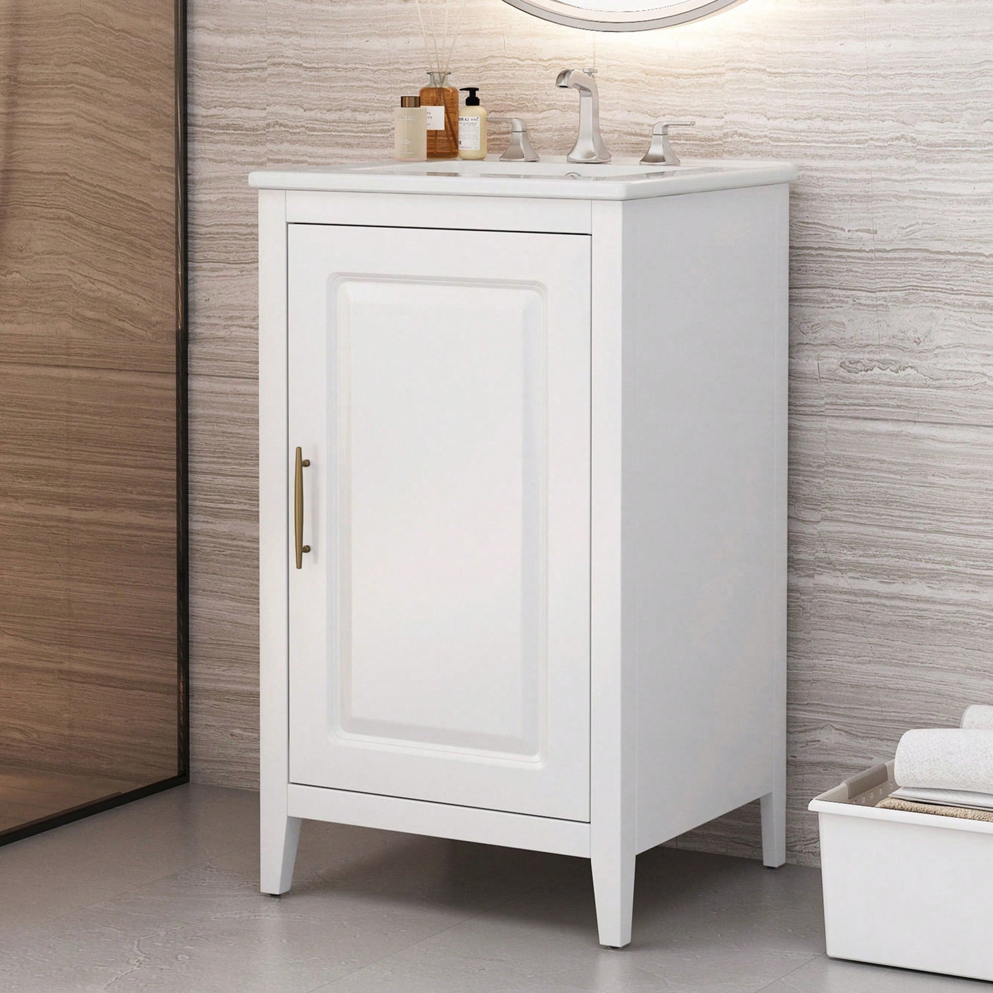 20.3 Inch Modern Bathroom Vanity With Sink Soft-Close Door Functional Drawer And Door Shelf In White