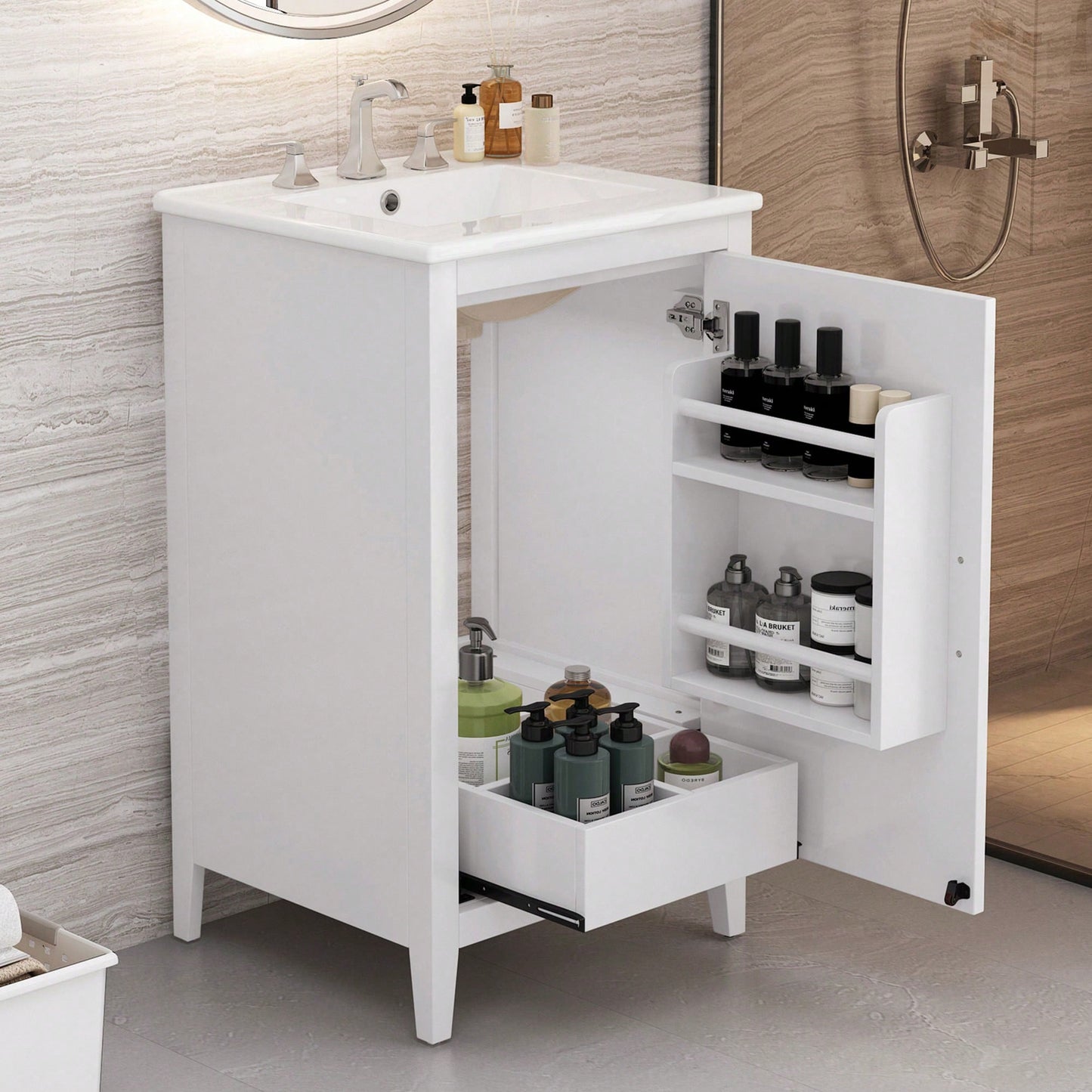 20.3 Inch Modern Bathroom Vanity With Sink Soft-Close Door Functional Drawer And Door Shelf In White