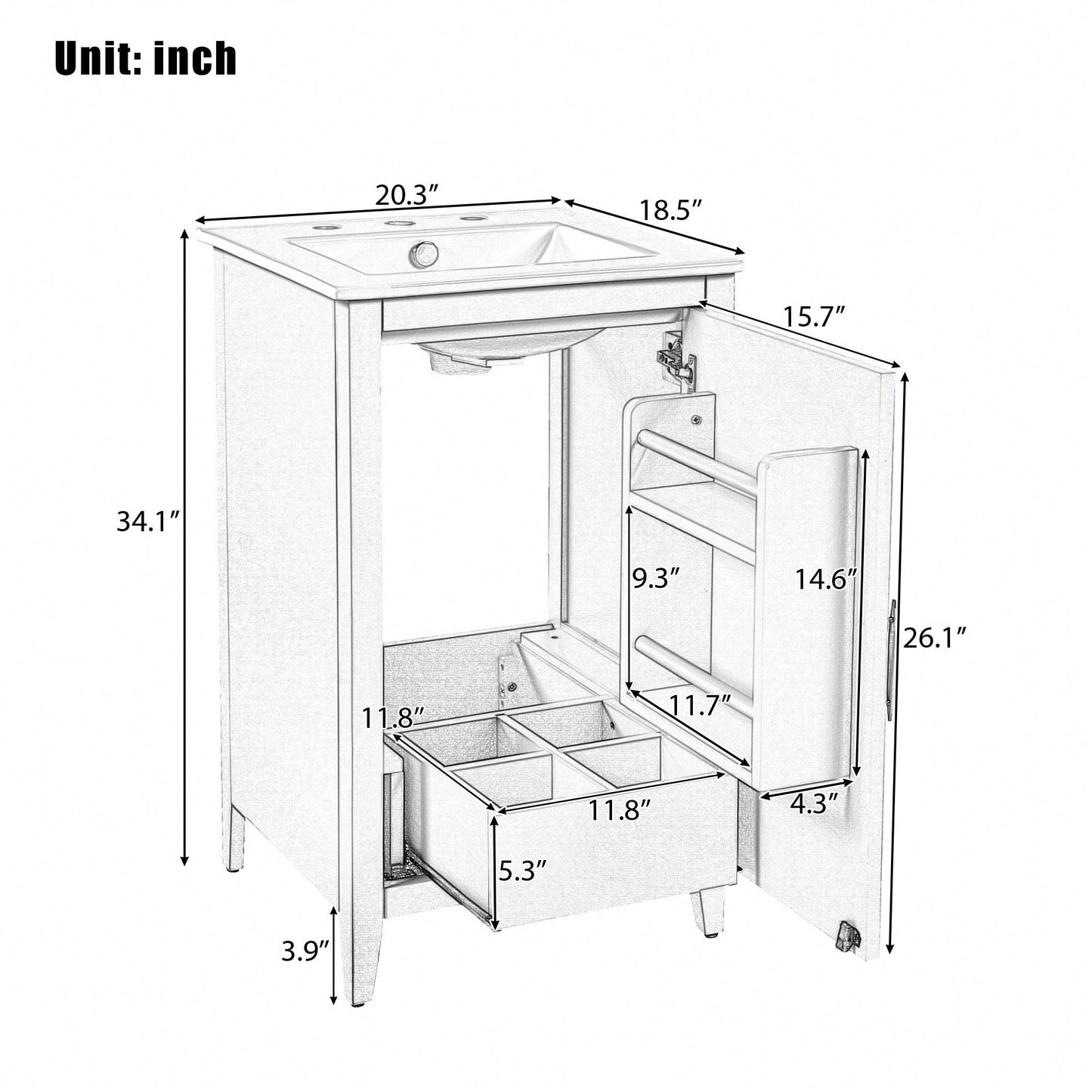 20.3 Inch Modern Bathroom Vanity With Sink Soft-Close Door Functional Drawer And Door Shelf In White