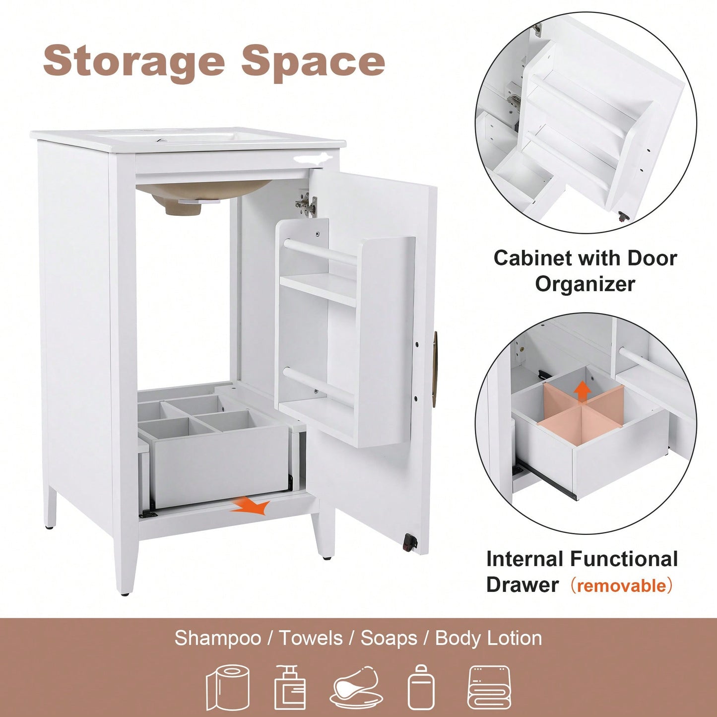 20.3 Inch Modern Bathroom Vanity With Sink Soft-Close Door Functional Drawer And Door Shelf In White
