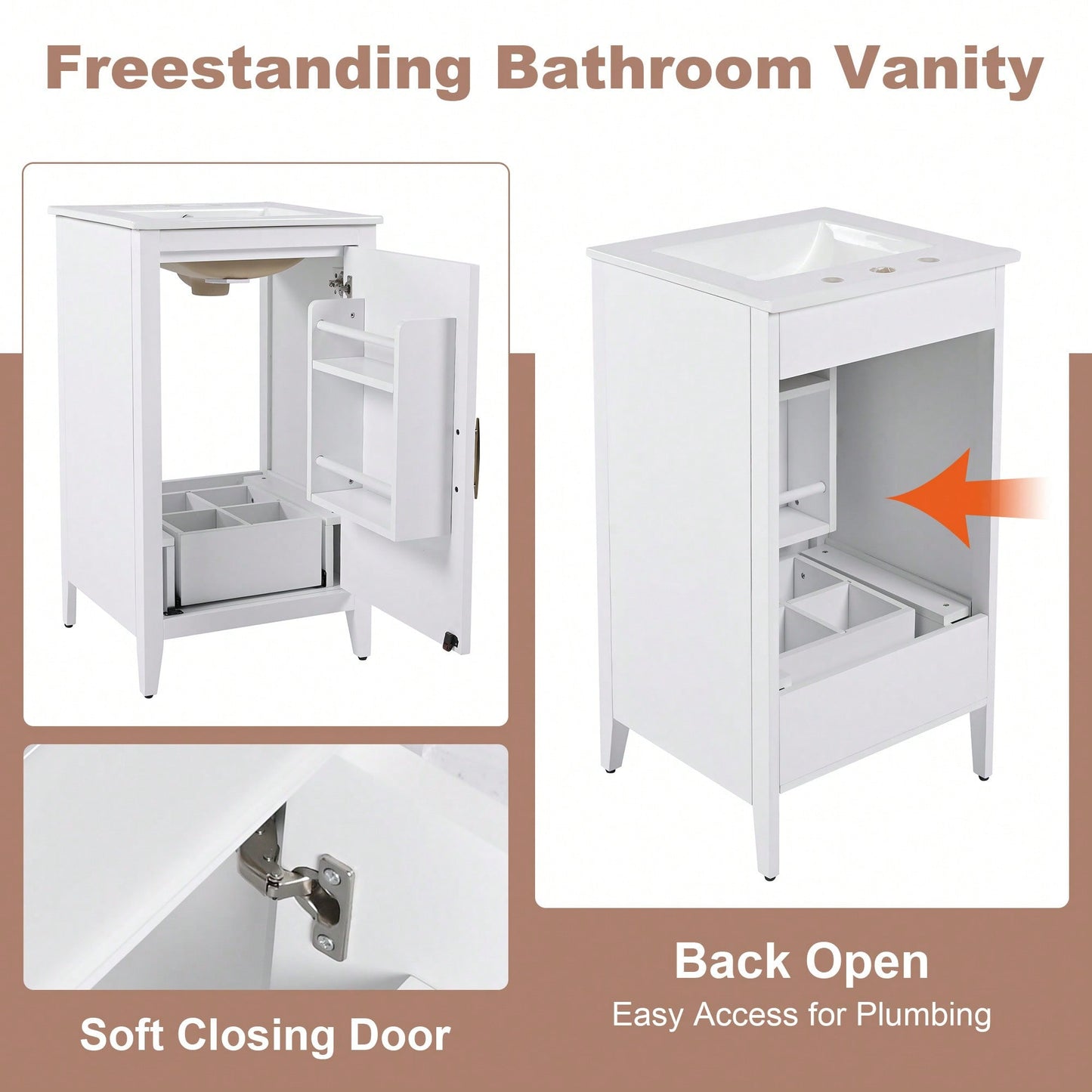 20.3 Inch Modern Bathroom Vanity With Sink Soft-Close Door Functional Drawer And Door Shelf In White