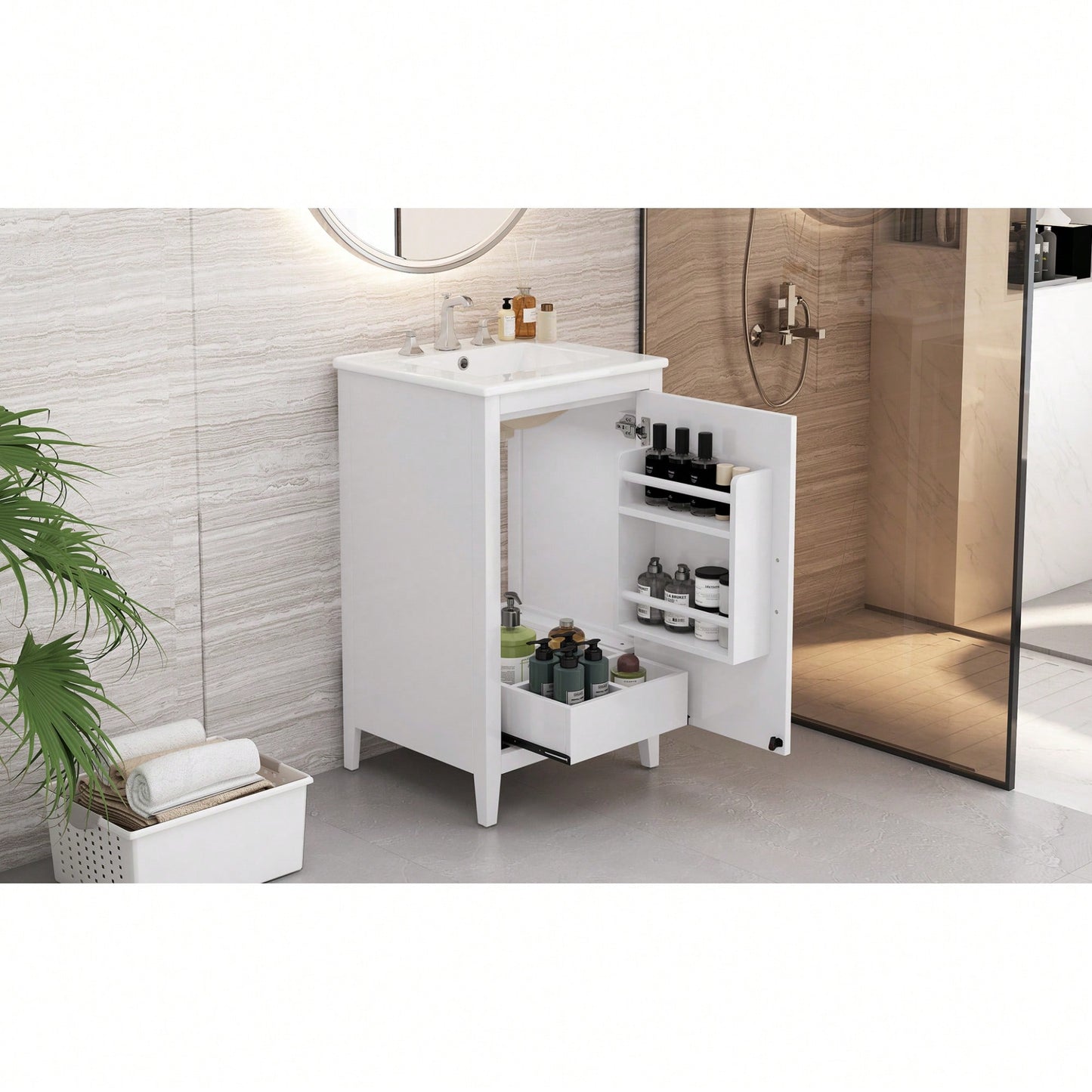 20.3 Inch Modern Bathroom Vanity With Sink Soft-Close Door Functional Drawer And Door Shelf In White