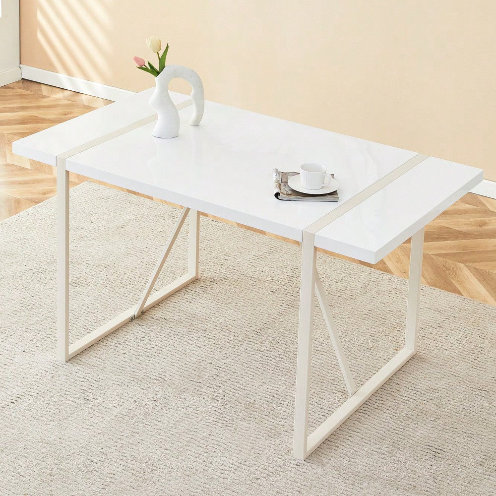 Industrial Cream MDF Dining Table For 4-6 With 1.5 Inch Thick Top And White Metal Legs For Kitchen, Dining Room, Or Terrace
