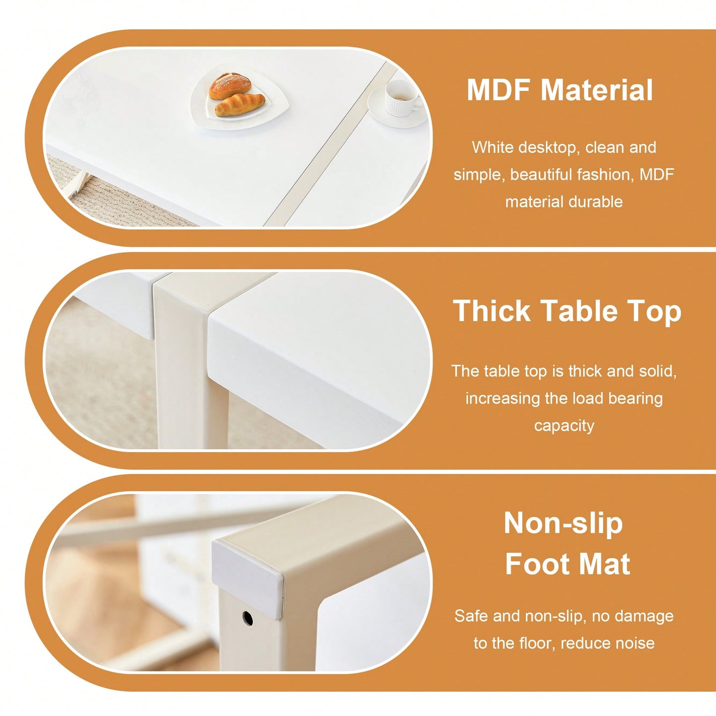 Industrial Cream MDF Dining Table For 4-6 With 1.5 Inch Thick Top And White Metal Legs For Kitchen, Dining Room, Or Terrace