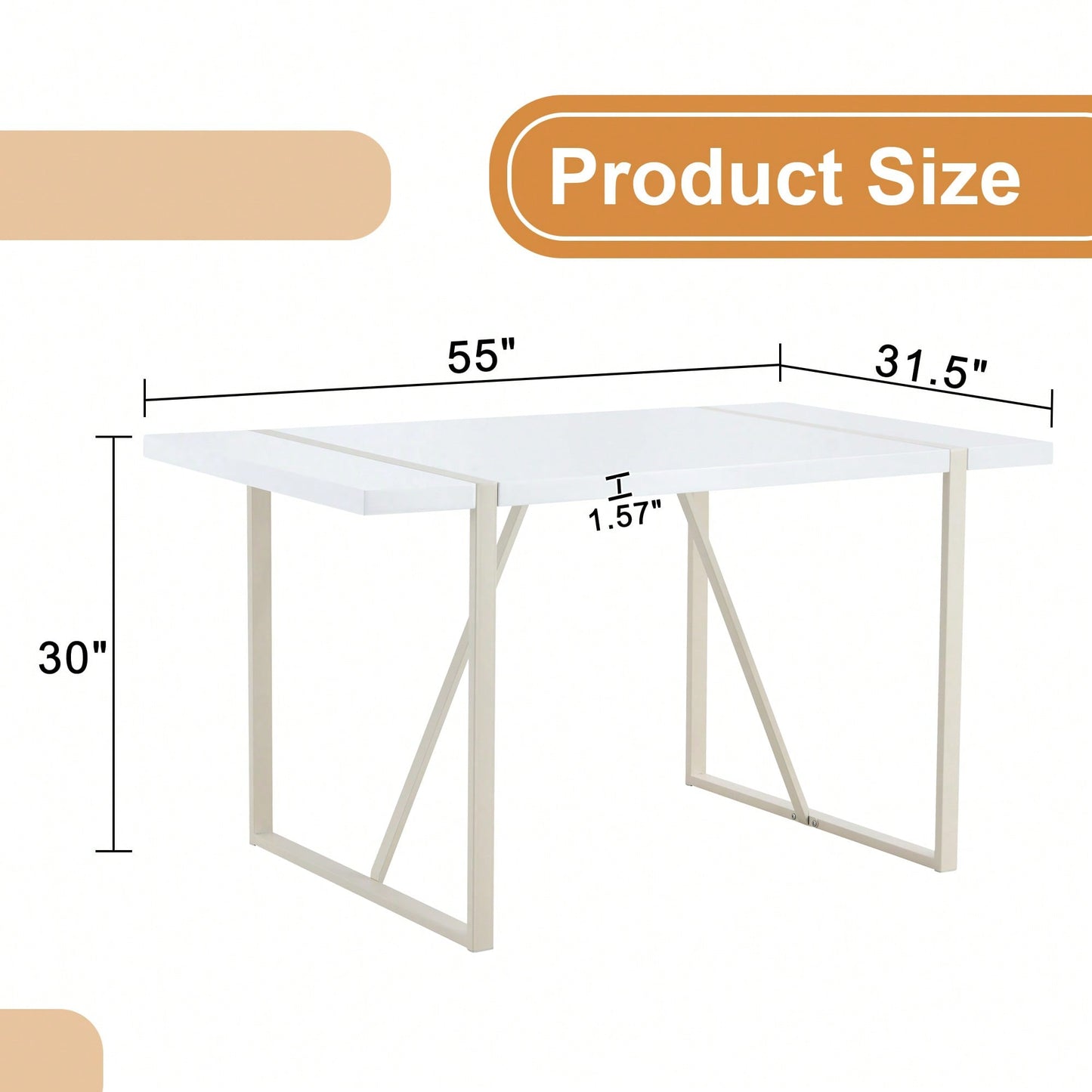 Industrial Cream MDF Dining Table For 4-6 With 1.5 Inch Thick Top And White Metal Legs For Kitchen, Dining Room, Or Terrace