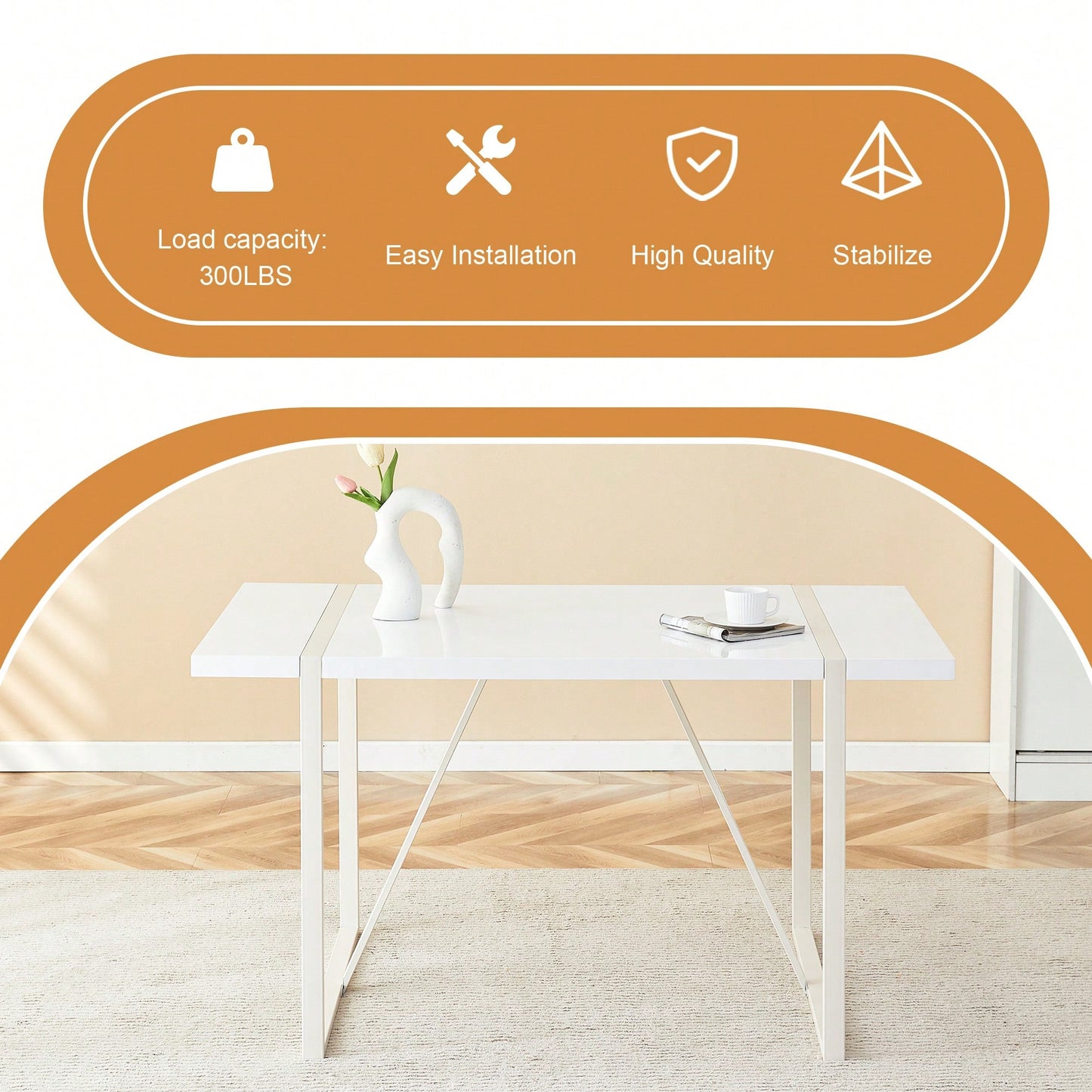 Industrial Cream MDF Dining Table For 4-6 With 1.5 Inch Thick Top And White Metal Legs For Kitchen, Dining Room, Or Terrace