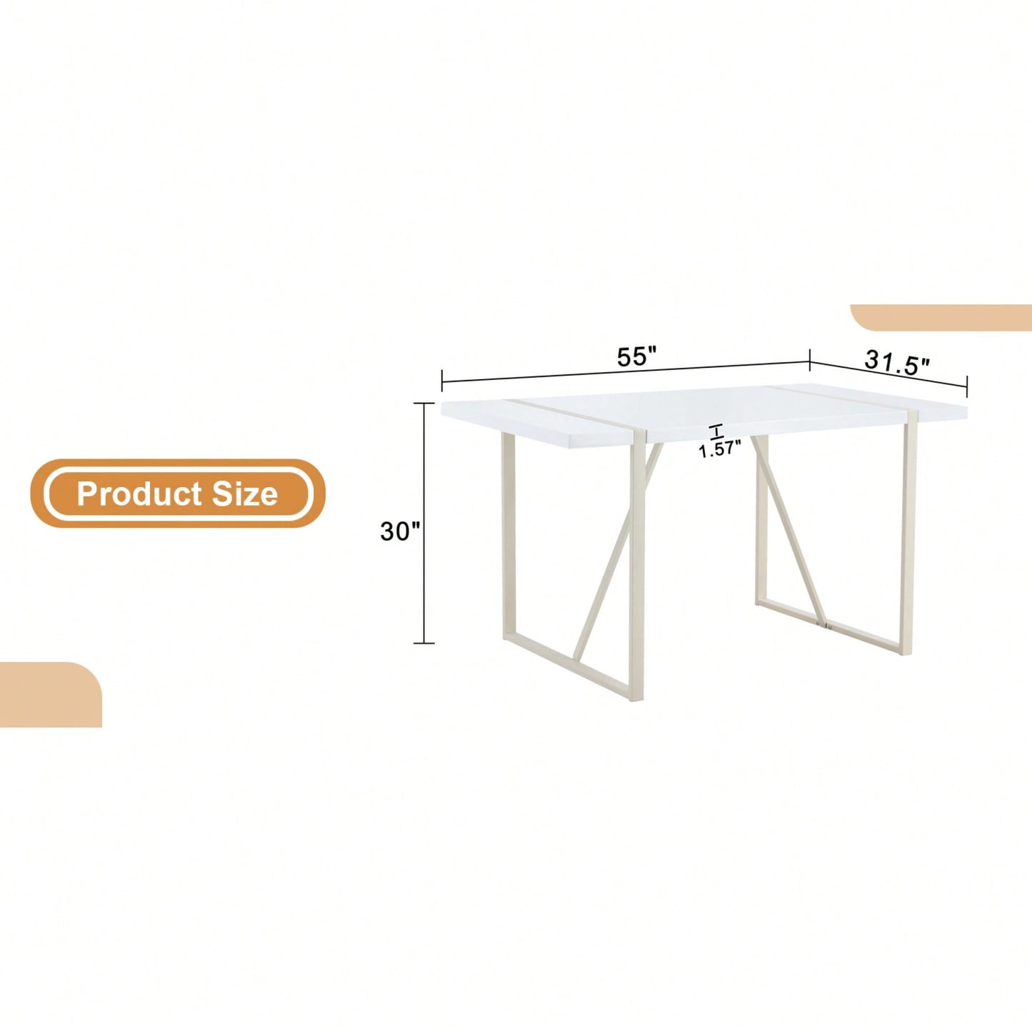 Industrial Cream MDF Dining Table For 4-6 With 1.5 Inch Thick Top And White Metal Legs For Kitchen, Dining Room, Or Terrace