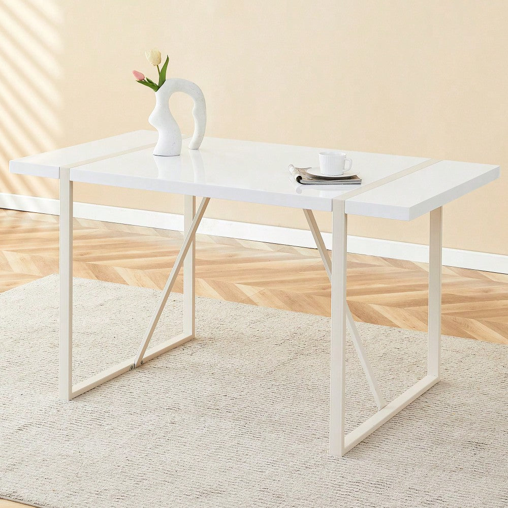 Industrial Cream MDF Dining Table For 4-6 With 1.5 Inch Thick Top And White Metal Legs For Kitchen, Dining Room, Or Terrace