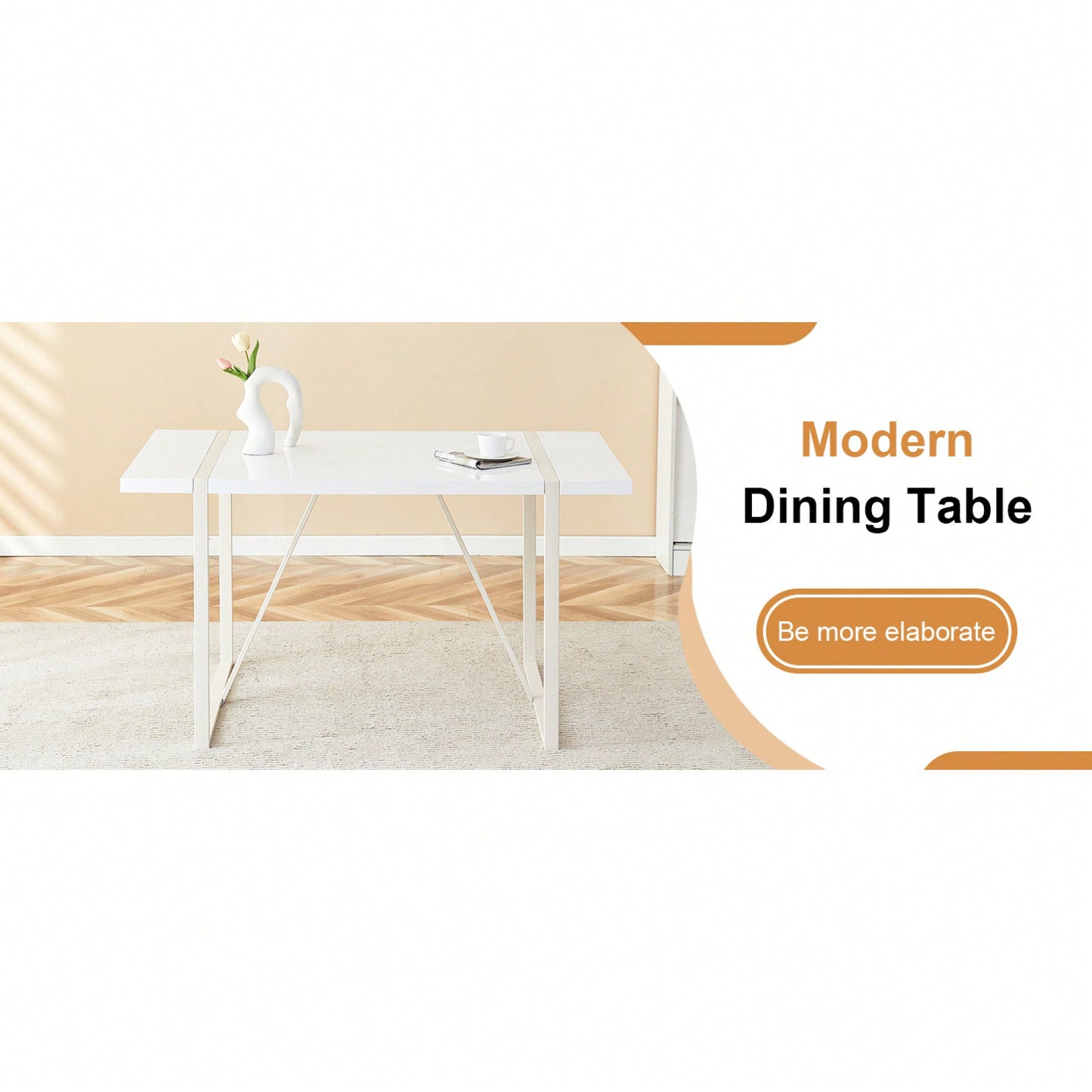 Industrial Cream MDF Dining Table For 4-6 With 1.5 Inch Thick Top And White Metal Legs For Kitchen, Dining Room, Or Terrace