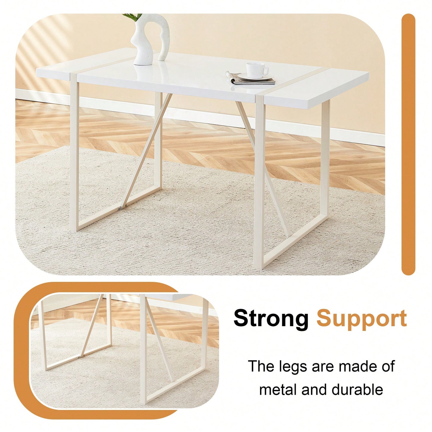 Industrial Cream MDF Dining Table For 4-6 With 1.5 Inch Thick Top And White Metal Legs For Kitchen, Dining Room, Or Terrace